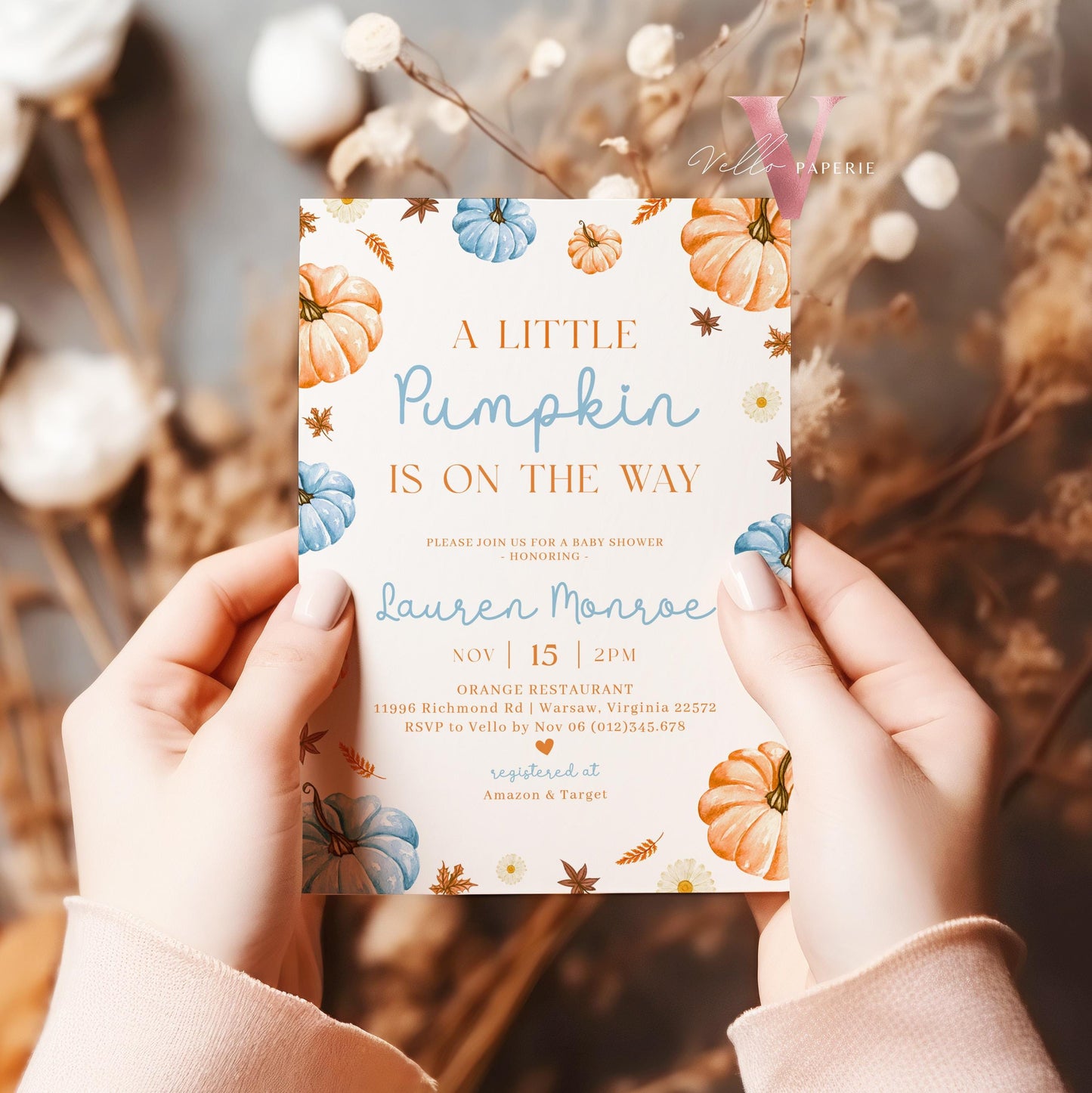 Neutral Gender Little Pumpkin Fall Baby Shower Invitation | Autumn Floral Pumpkin Baby Shower Invite | Modern Boho Blue Orange Pumpkin Baby