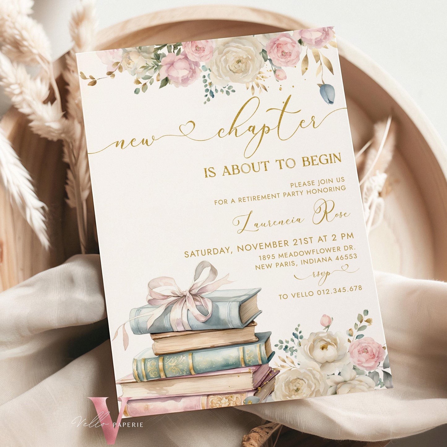 Storybook Retirement Party Invitation | New Chapter is About to Begin Book Retire Celebration Invite | Modern Gold Retirement Party