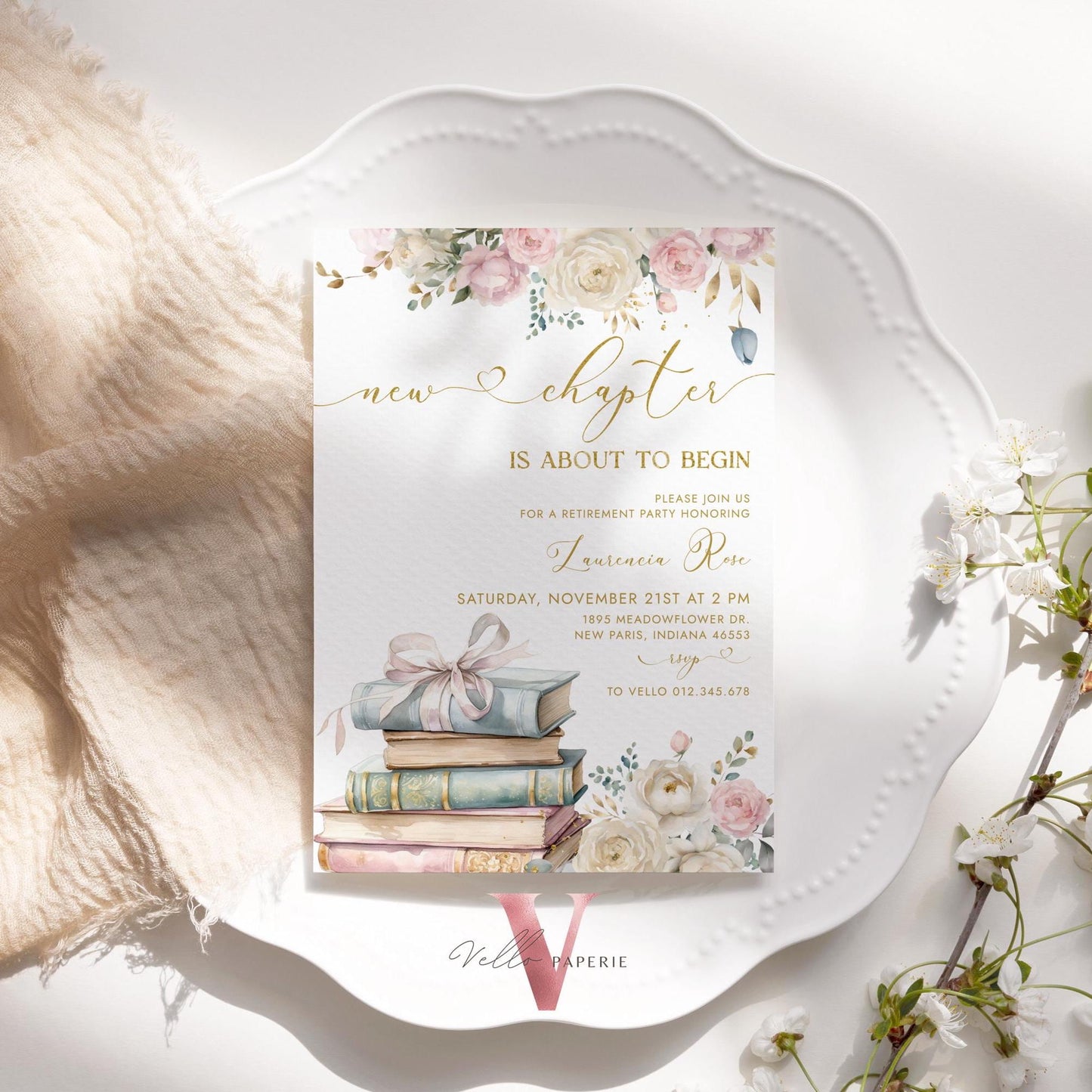 Storybook Retirement Party Invitation | New Chapter is About to Begin Book Retire Celebration Invite | Modern Gold Retirement Party