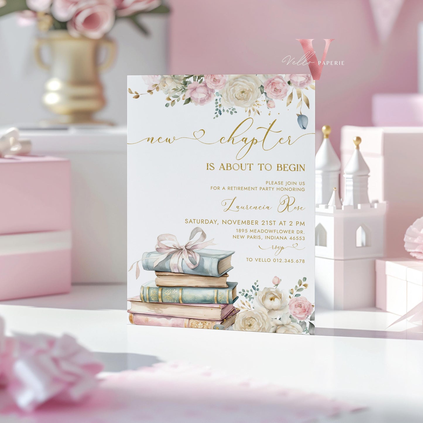 Storybook Retirement Party Invitation | New Chapter is About to Begin Book Retire Celebration Invite | Modern Gold Retirement Party