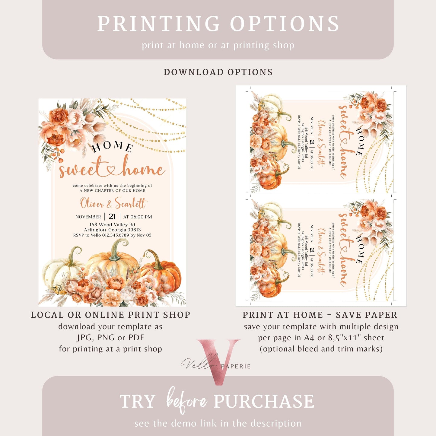 Neutral FALL Pumpkin Home Sweet Home Party Invite | Autumn Floral House Warming Invitation | Modern Boho Rustic New House Celebration Flower