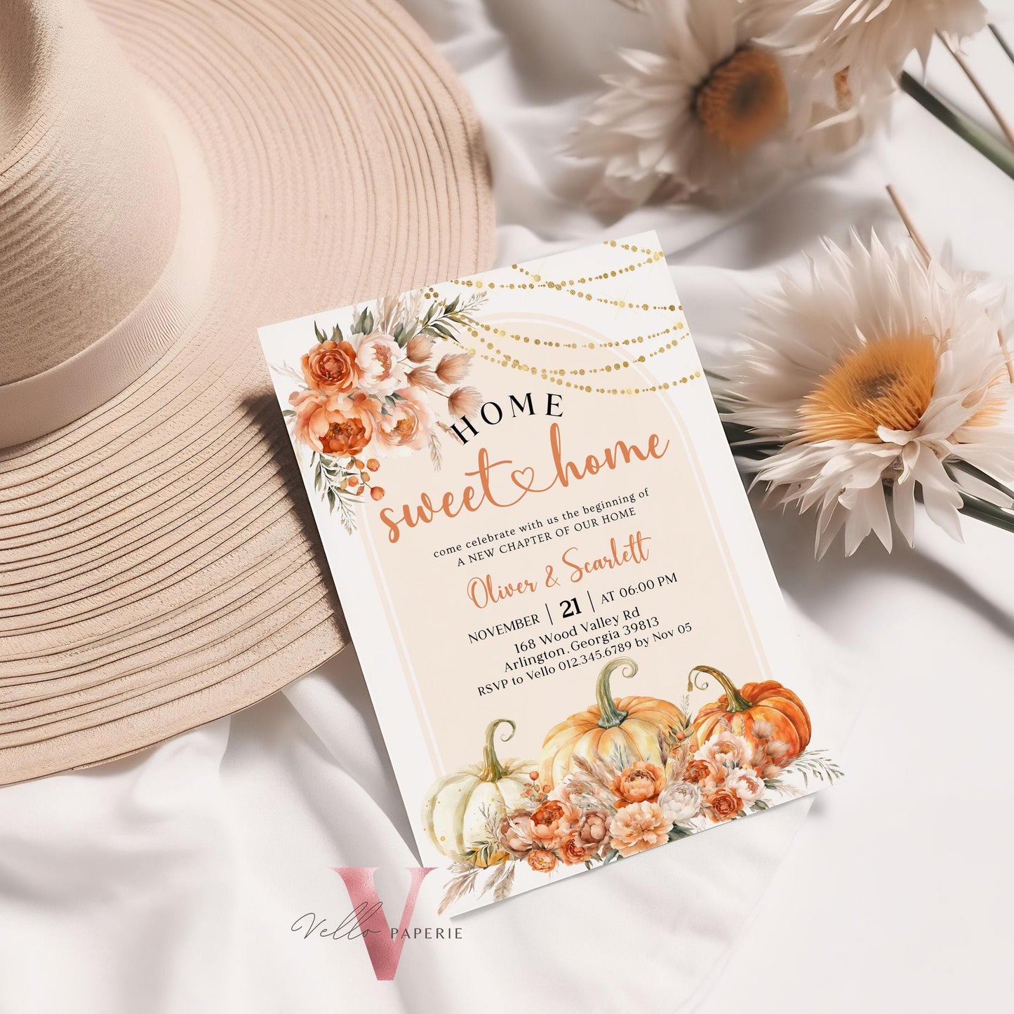 Neutral FALL Pumpkin Home Sweet Home Party Invite | Autumn Floral House Warming Invitation | Modern Boho Rustic New House Celebration Flower