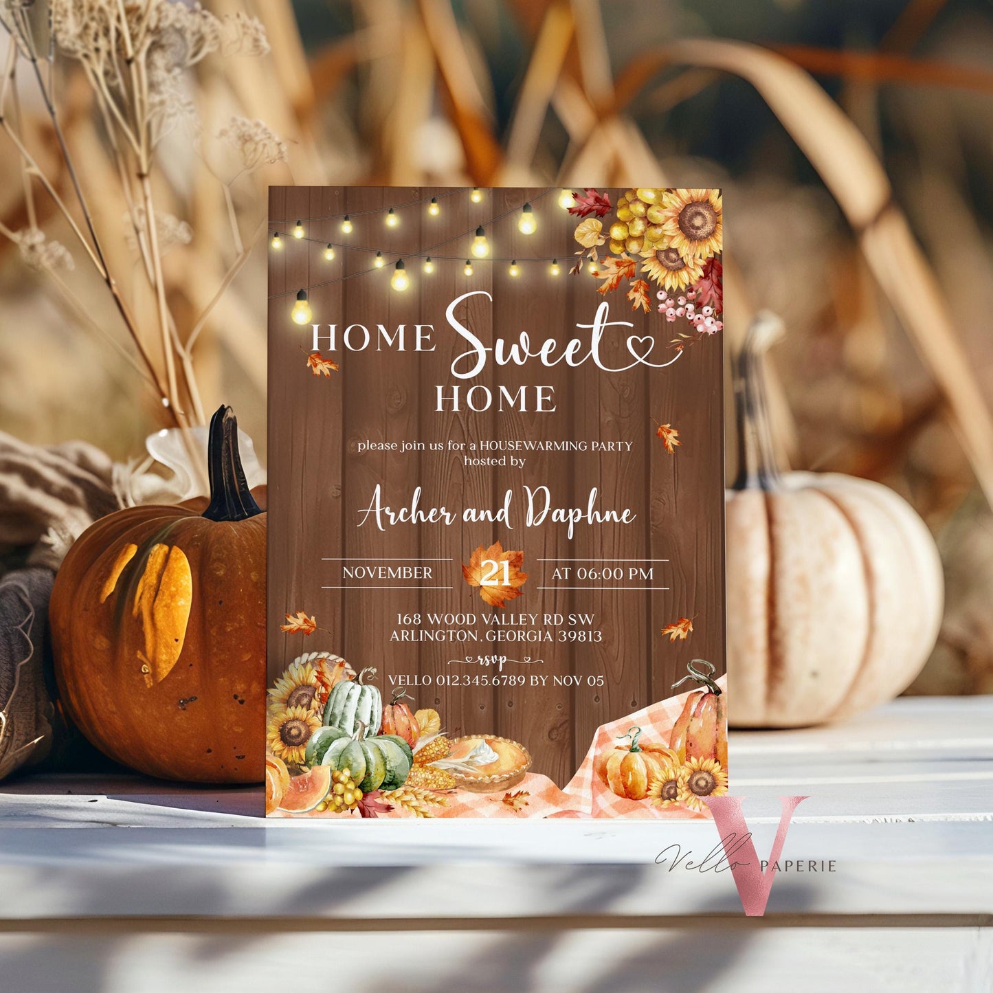 FALL Pumpkin Home Sweet Home Party Invite | Autumn Floral House Warming Invitation | Modern Wooden Rustic New House Thanksgiving Celebration