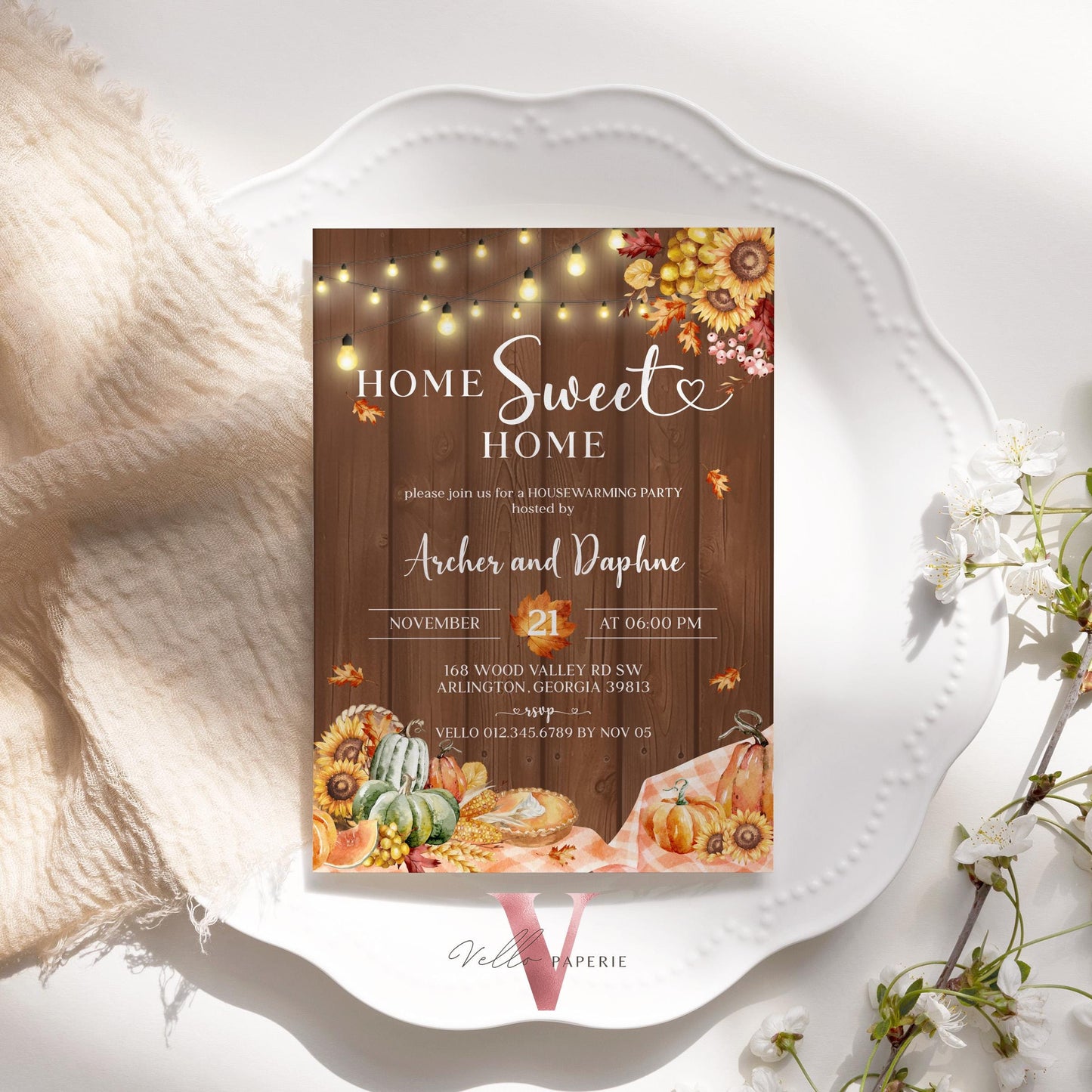 FALL Pumpkin Home Sweet Home Party Invite | Autumn Floral House Warming Invitation | Modern Wooden Rustic New House Thanksgiving Celebration