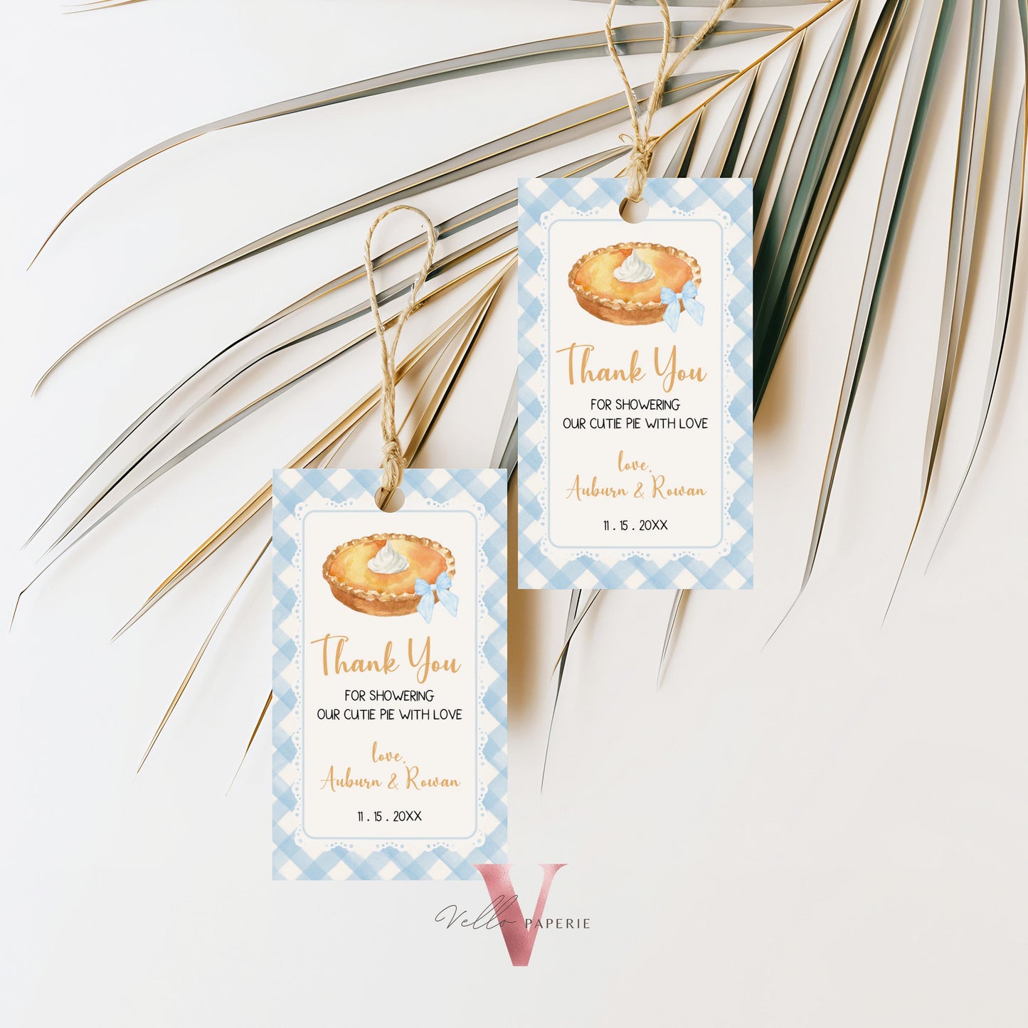 Sweet Cutie Pie Baby Shower Round Label | FALL Autumn Cutie Pie Baby Shower Thankyou Label | Blue Gingham Gender Neutral Pie Round Tag CPB02