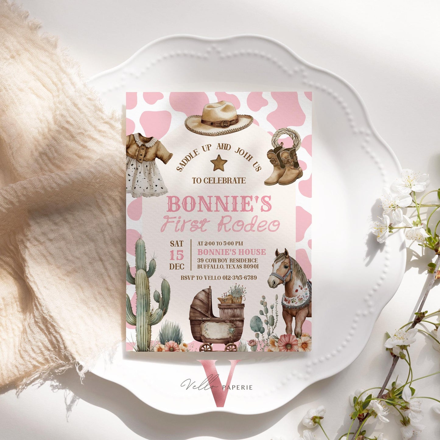 Editable "Age Rodeo" Yee Haw COWGIRL Birthday Invitation | Brown Pink ANY AGE Rodeo Cowgirl Party Invite | Girl Western West Wild Birthday