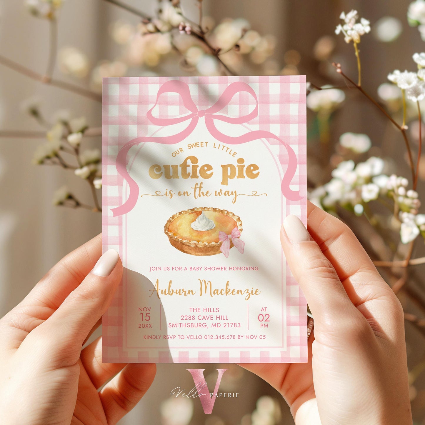 Pink Sweet Cutie Pie on the way Baby Shower Invitation Set | FALL Cutie Pie Baby Shower Invite | Autumn Baby Shower Neutral Pink Gingham