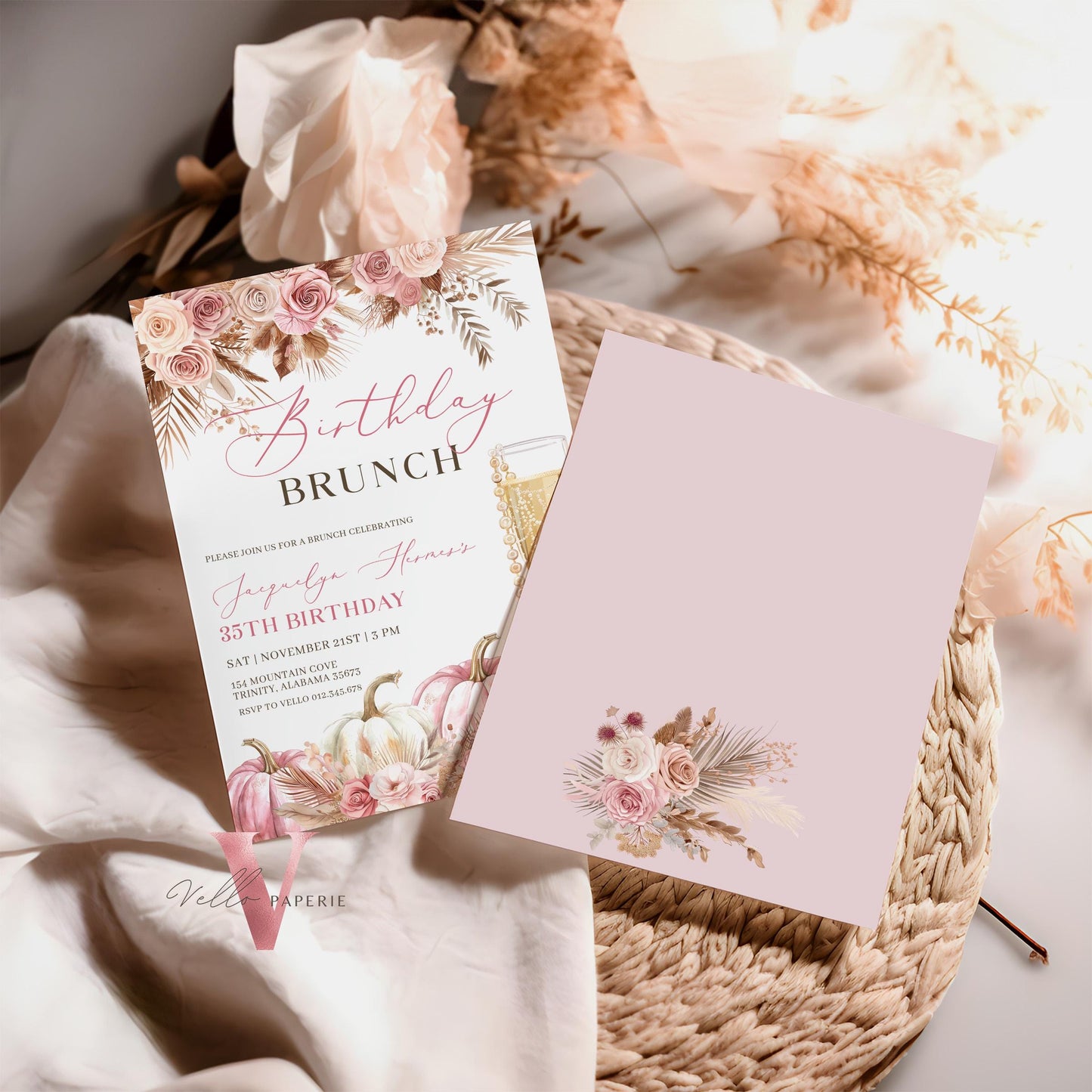BOHO Pink FALL Pumpkin Birthday Brunch Dinner Invitation | Autumn Pumpkin Prosesco Floral Party Invite | Blush Pink Terracota Flower Autumn