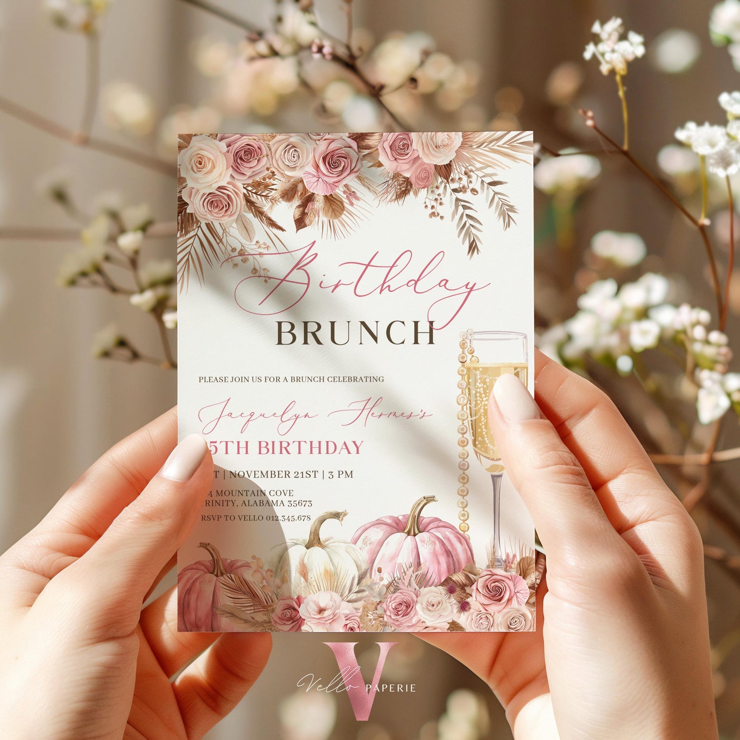 BOHO Pink FALL Pumpkin Birthday Brunch Dinner Invitation | Autumn Pumpkin Prosesco Floral Party Invite | Blush Pink Terracota Flower Autumn