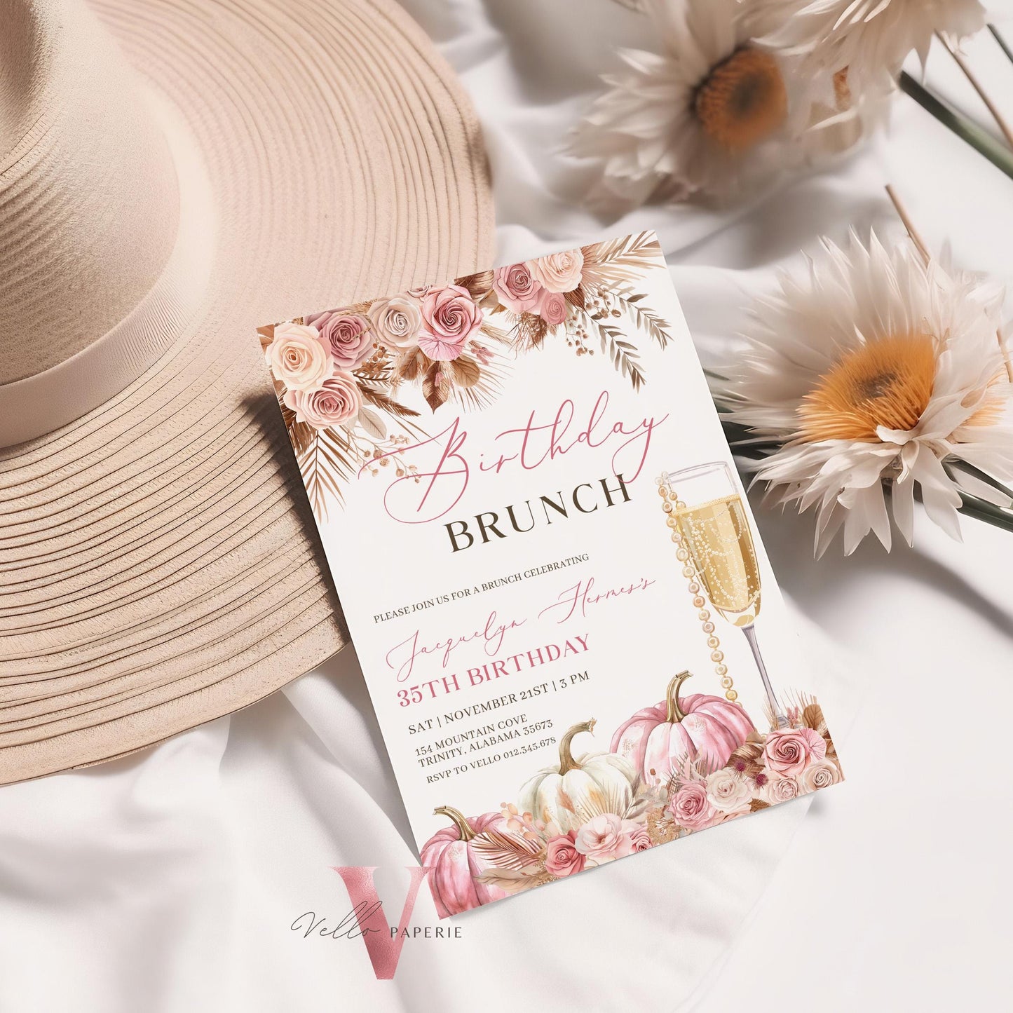 BOHO Pink FALL Pumpkin Birthday Brunch Dinner Invitation | Autumn Pumpkin Prosesco Floral Party Invite | Blush Pink Terracota Flower Autumn