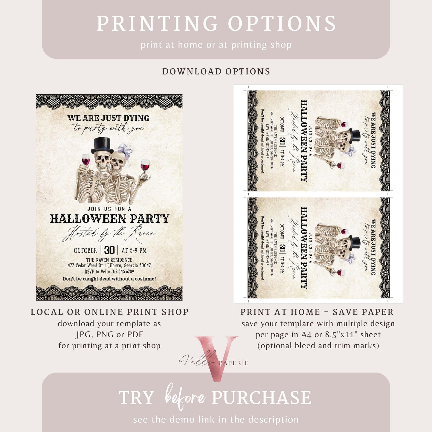 Editable Modern Vintage Halloween Invitation | We re DYING to party with you Halloween Party Invite | Antique Adults Costume Party AHP01