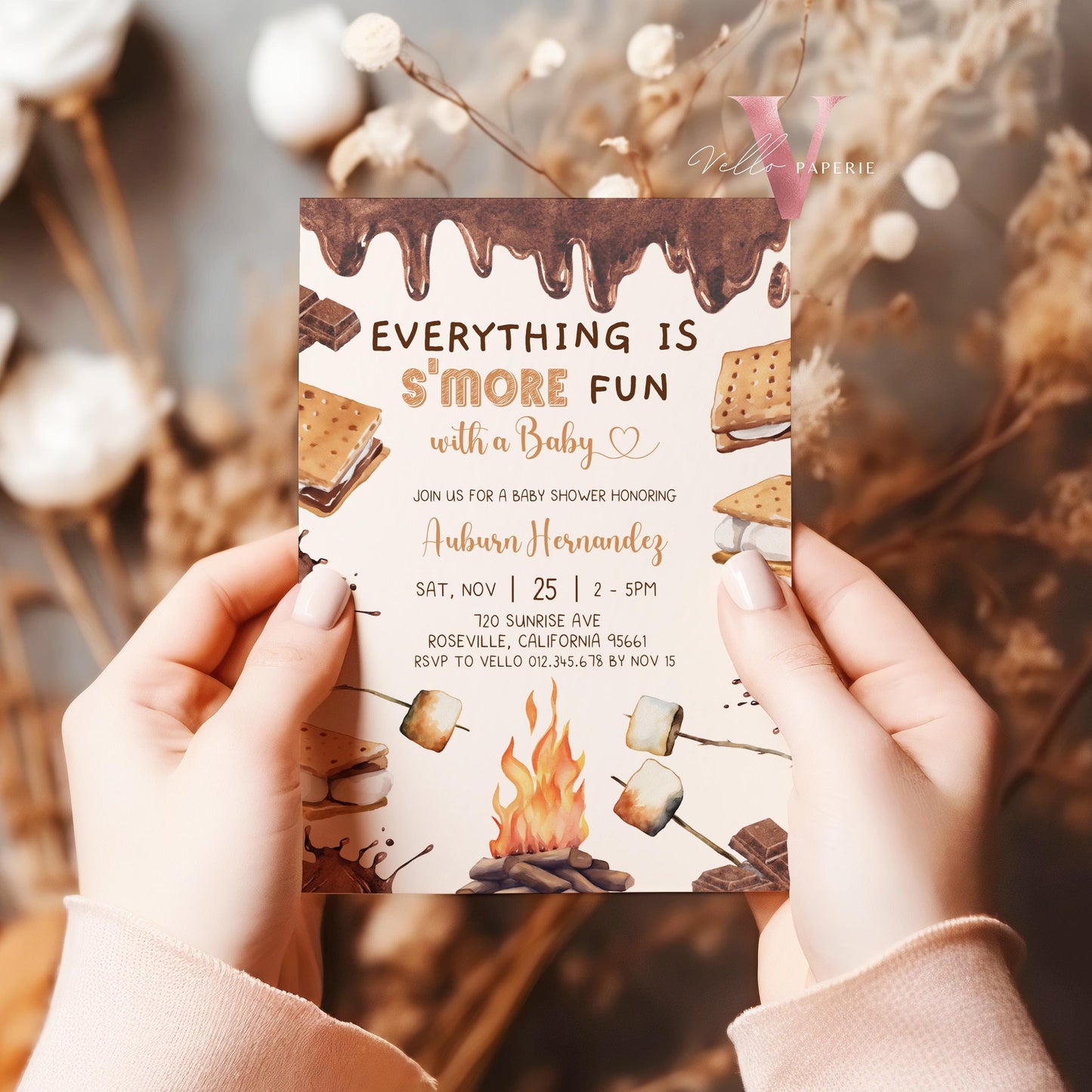 Editable S'mores Baby Shower Invitation | FALL Camping Bonfire Baby Shower | Campire Smore Fun with Baby Party | Autumn Couple Shower SBS01