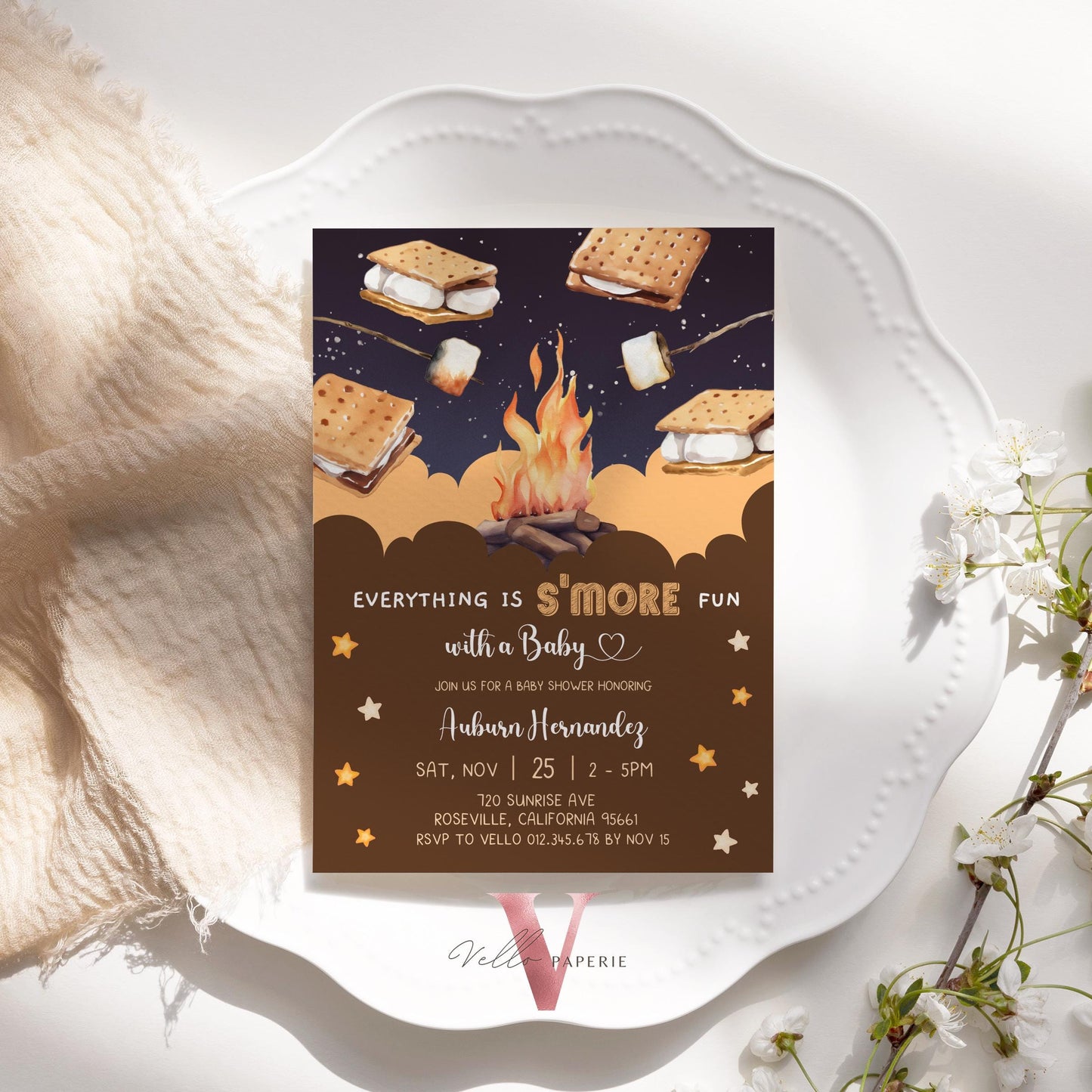 Editable S'mores Baby Shower Invitation | FALL Camping Bonfire Baby Shower | Campire Smore Fun with Baby Party | Autumn Couple Shower SBS01