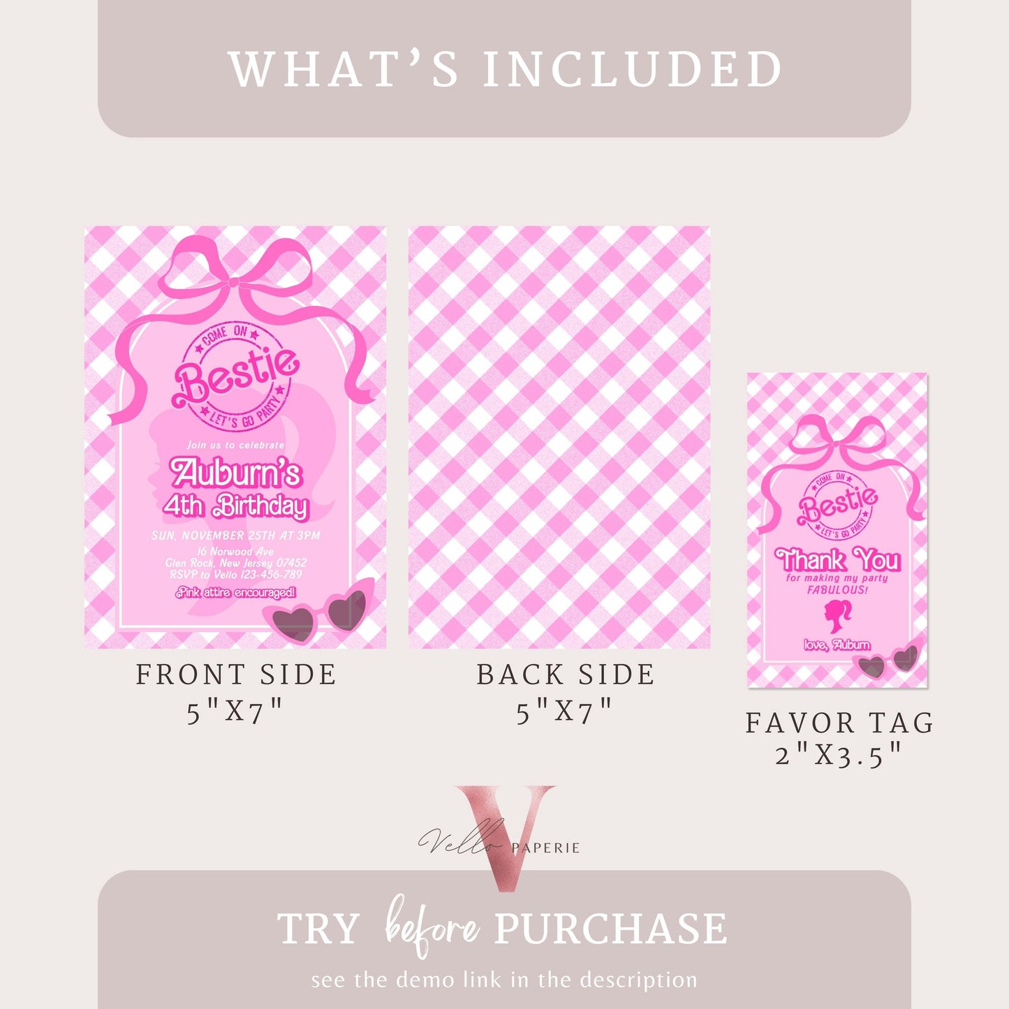 Editable "Bestie" Glam Pink Fashion Doll Birthday Invitation | Cute Pink Fashion Party | Pink Doll Gingham Come On Lets Go Party Invite PD28