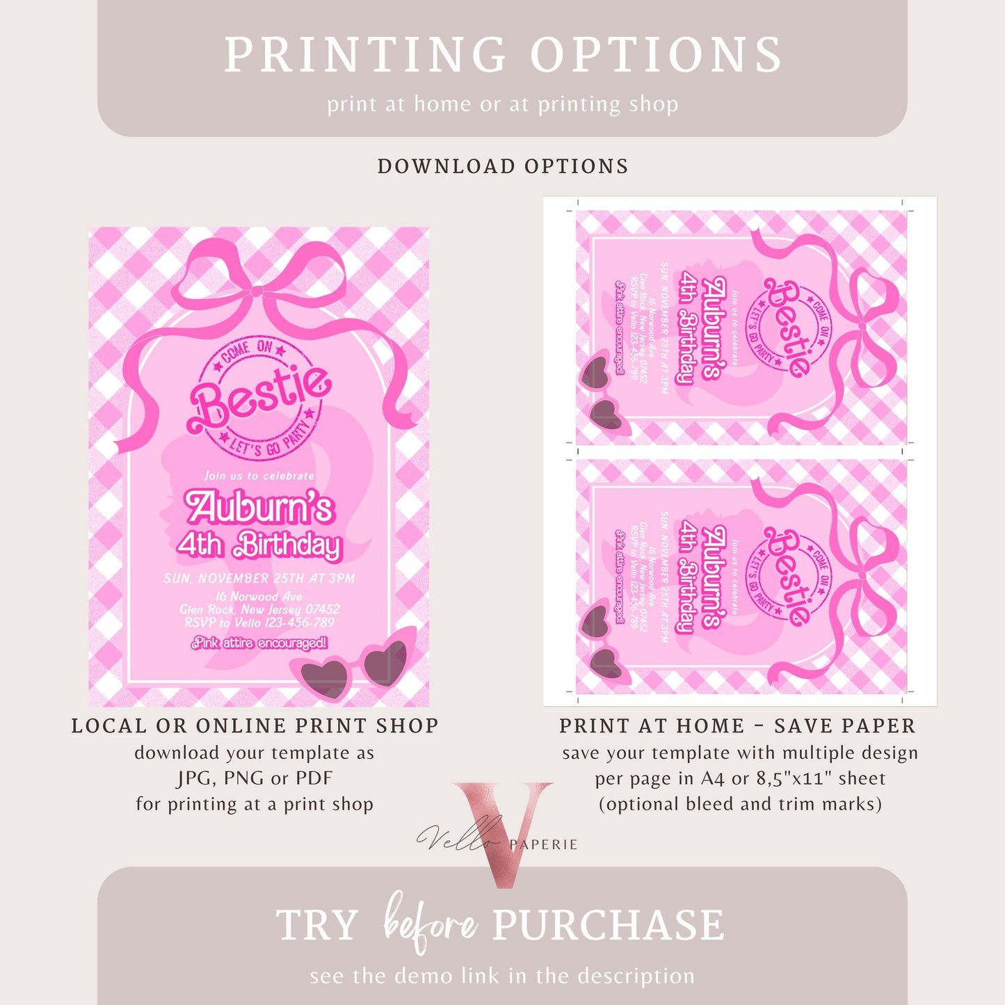 Editable "Bestie" Glam Pink Fashion Doll Birthday Invitation | Cute Pink Fashion Party | Pink Doll Gingham Come On Lets Go Party Invite PD28