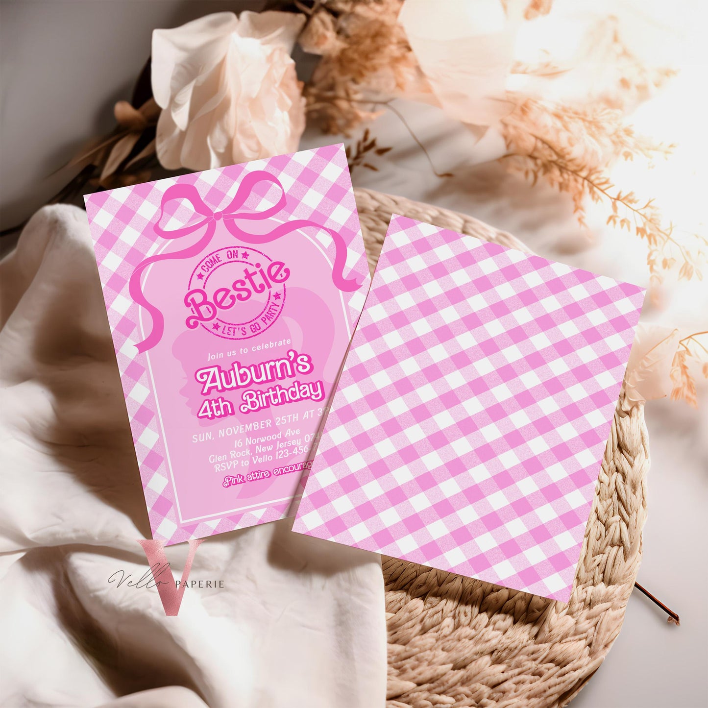 Editable "Bestie" Glam Pink Fashion Doll Birthday Invitation | Cute Pink Fashion Party | Pink Doll Gingham Come On Lets Go Party Invite PD28