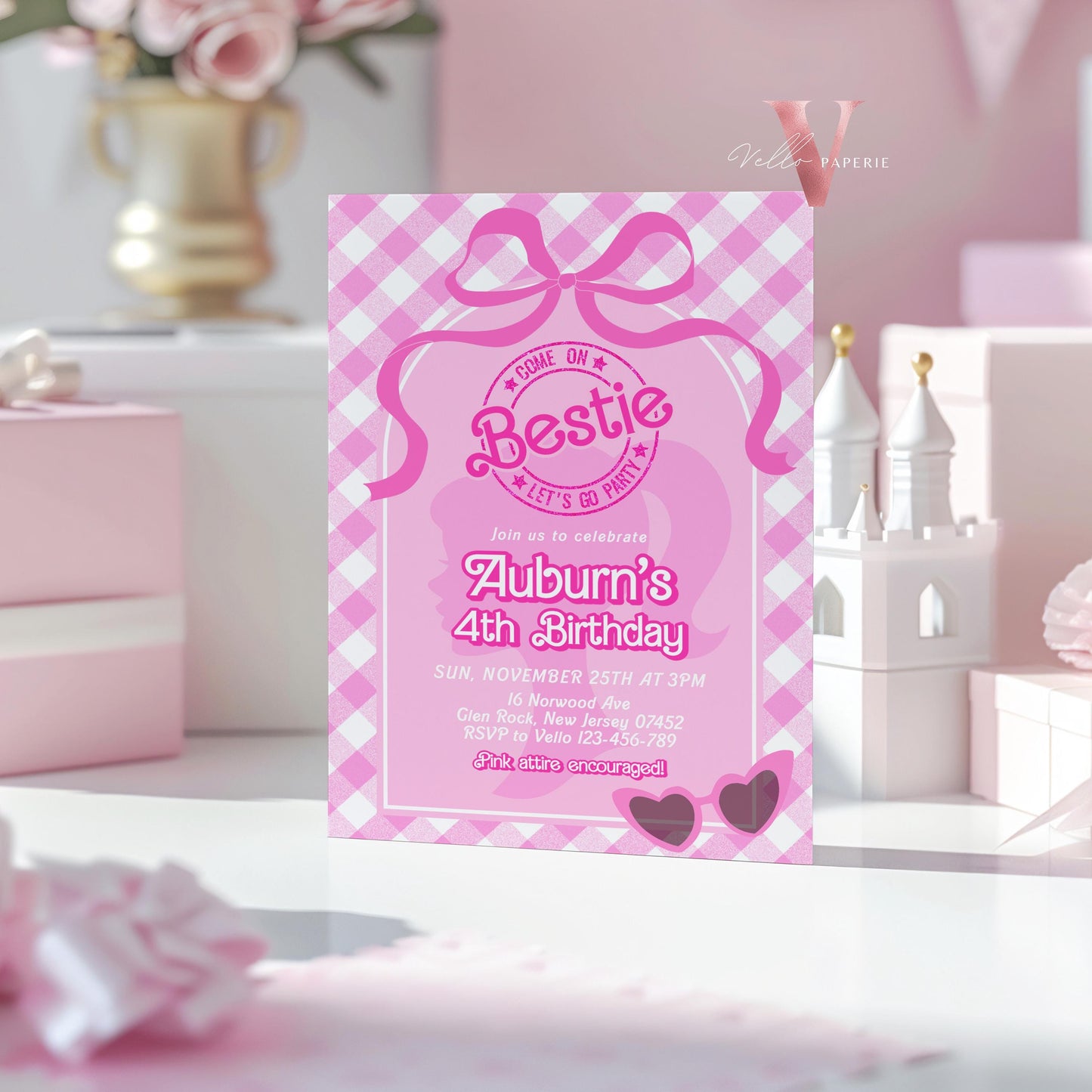 Editable "Bestie" Glam Pink Fashion Doll Birthday Invitation | Cute Pink Fashion Party | Pink Doll Gingham Come On Lets Go Party Invite PD28