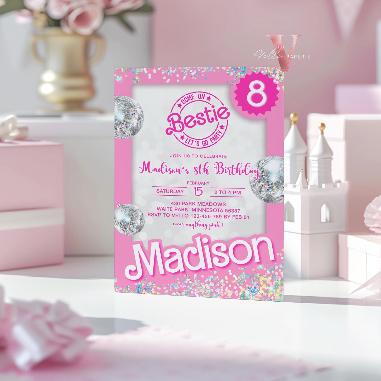 Editable "Bestie" Disco Pink Sparkle Fashion Doll Box Birthday Invitation | Pink Fashion Doll Come On Lets Go Party Invite Instant PD30