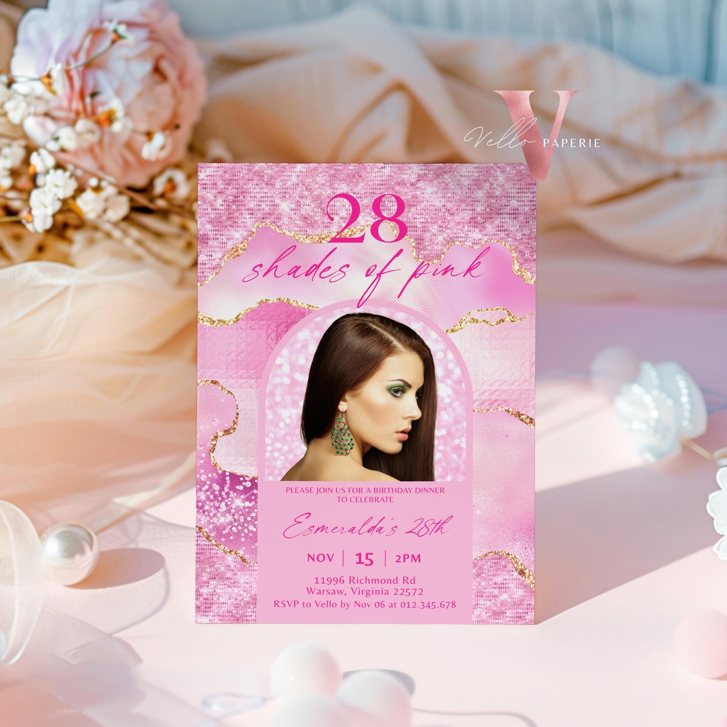Any Age Use Your PHOTO Shades of Pink Invitation | Edit-Printable Pink Gold Birthday Invite | Agate Birthday Dinner Invite Pink Abstract