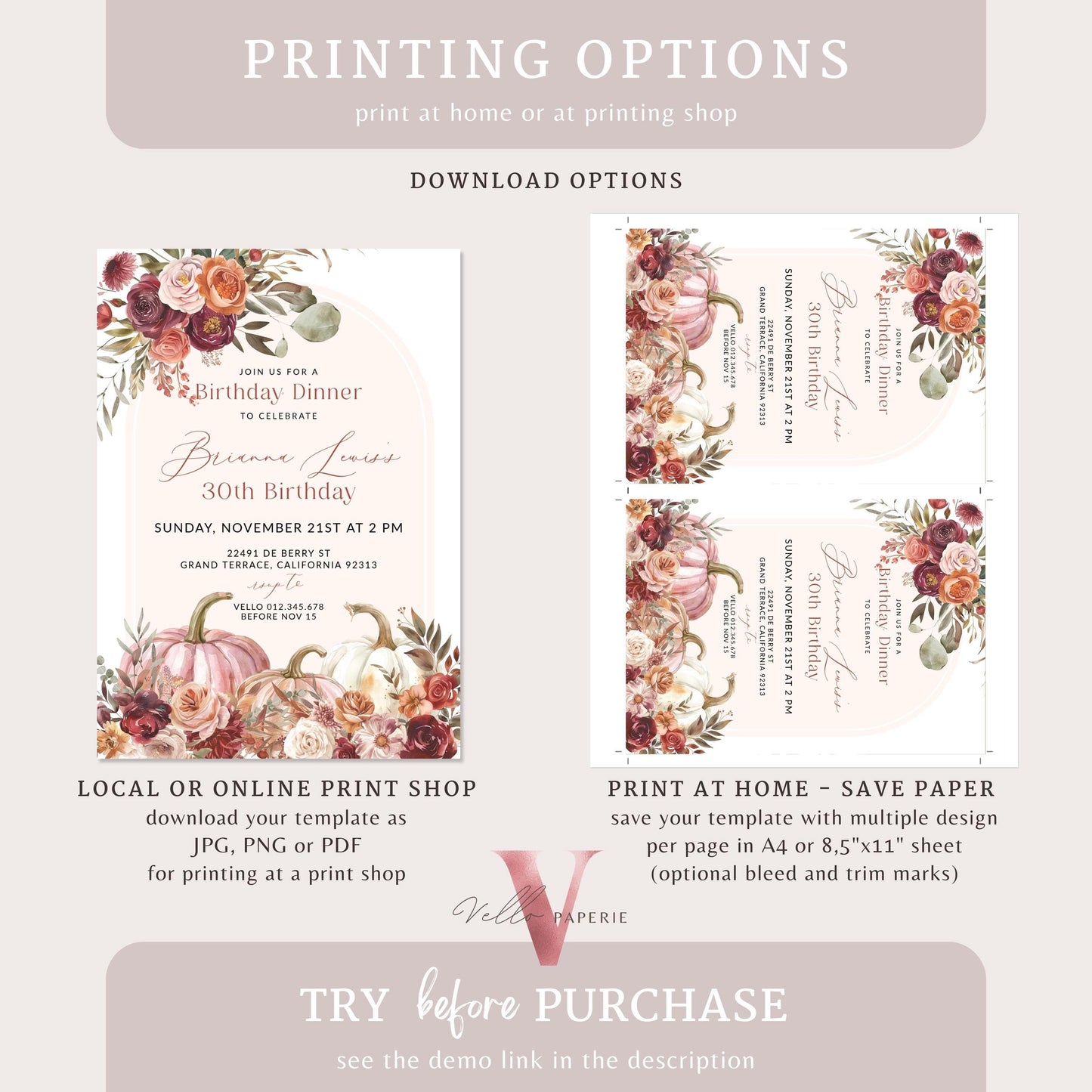 FALL Pumpkin Modern Birthday Party Invitation | ANY AGE Autumn Floral Pumpkin Birthday Invite | Arch Burgundy Terracota Flower Autumn Bloom