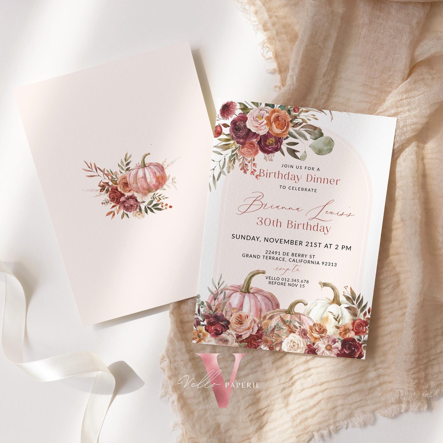 FALL Pumpkin Modern Birthday Party Invitation | ANY AGE Autumn Floral Pumpkin Birthday Invite | Arch Burgundy Terracota Flower Autumn Bloom