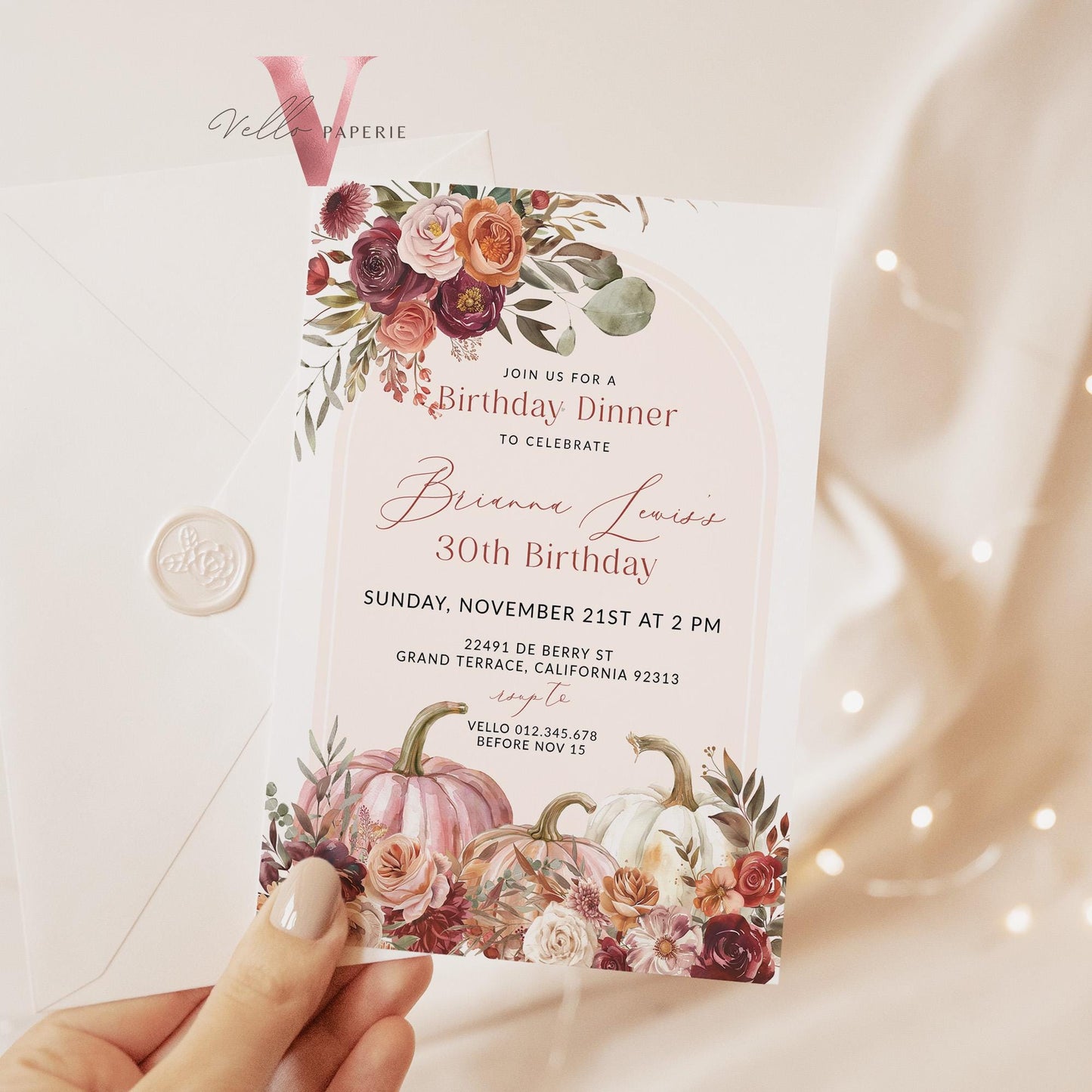 FALL Pumpkin Modern Birthday Party Invitation | ANY AGE Autumn Floral Pumpkin Birthday Invite | Arch Burgundy Terracota Flower Autumn Bloom