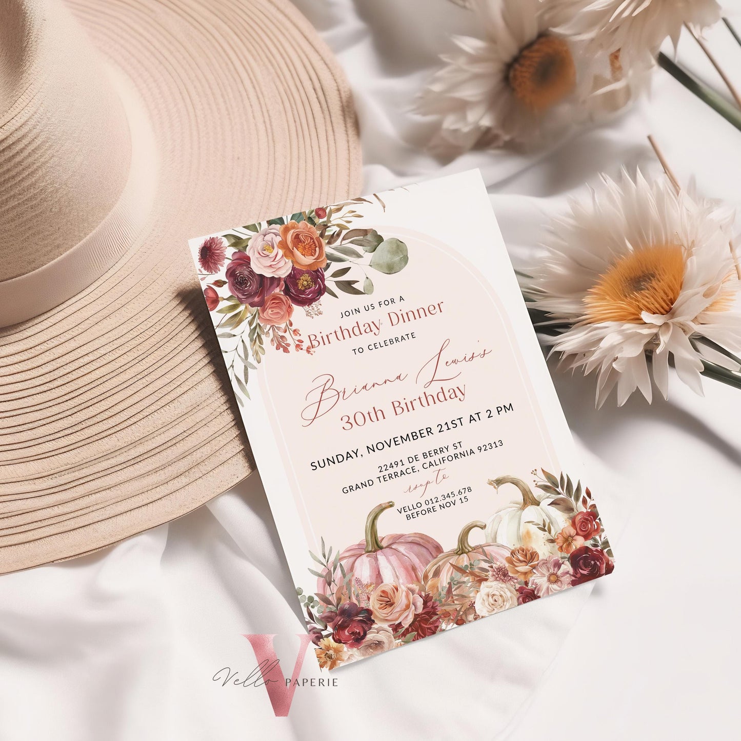 FALL Pumpkin Modern Birthday Party Invitation | ANY AGE Autumn Floral Pumpkin Birthday Invite | Arch Burgundy Terracota Flower Autumn Bloom