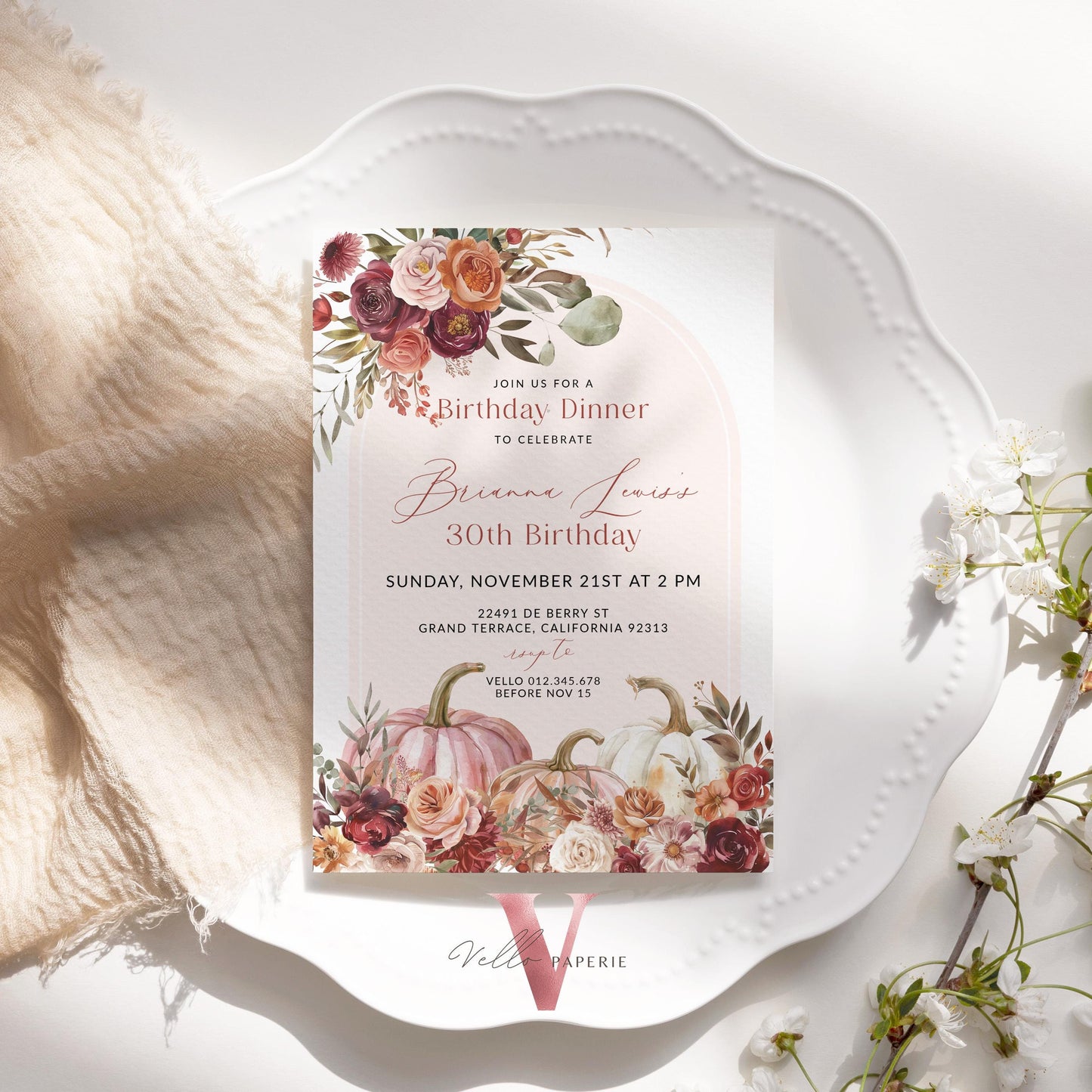 FALL Pumpkin Modern Birthday Party Invitation | ANY AGE Autumn Floral Pumpkin Birthday Invite | Arch Burgundy Terracota Flower Autumn Bloom