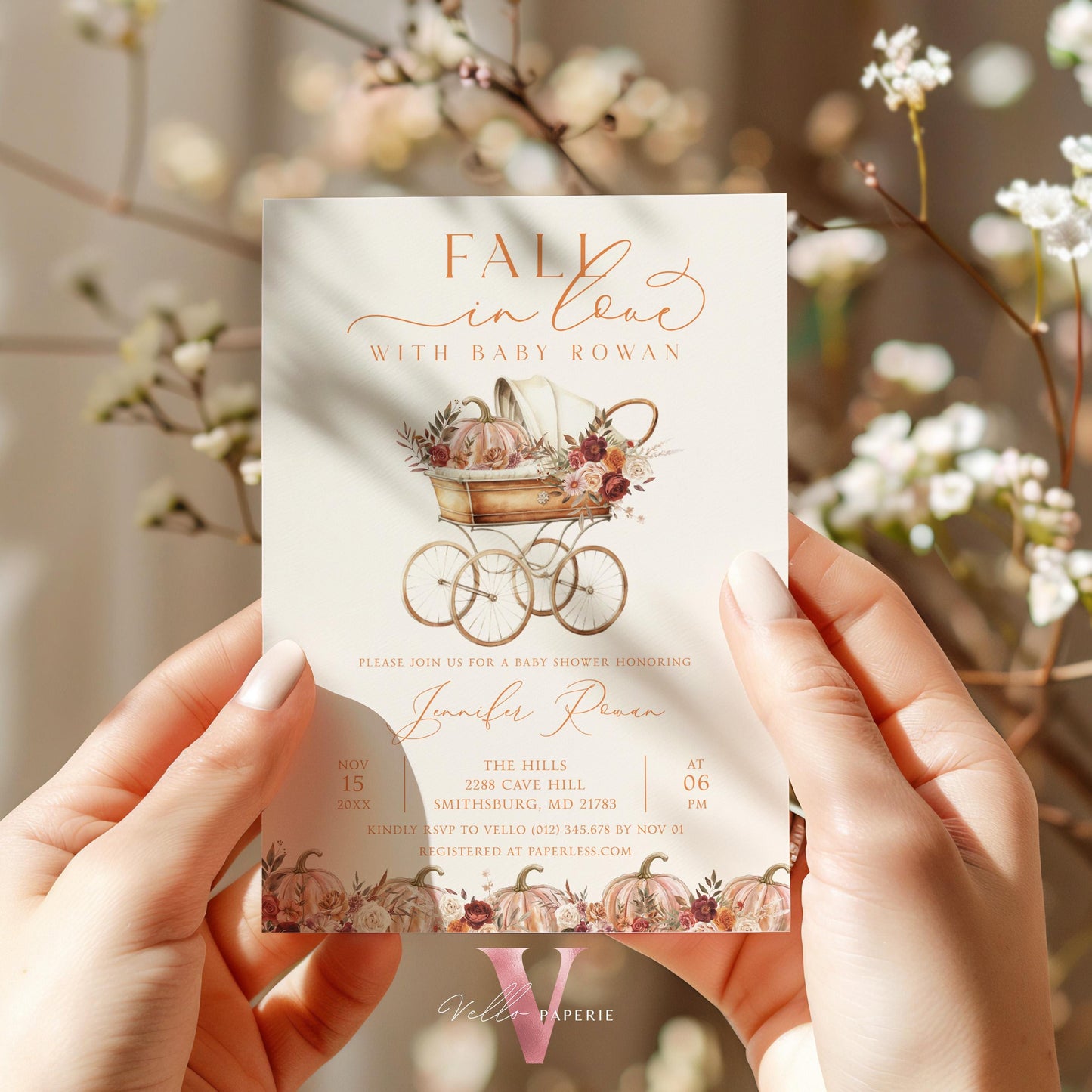 Pumpkin FALL IN LOVE Baby Shower Invitation | Autumn Floral Pumpkin Baby Shower Invite | Modern Baby Stroller Carriage Pumpkin Baby FPB02