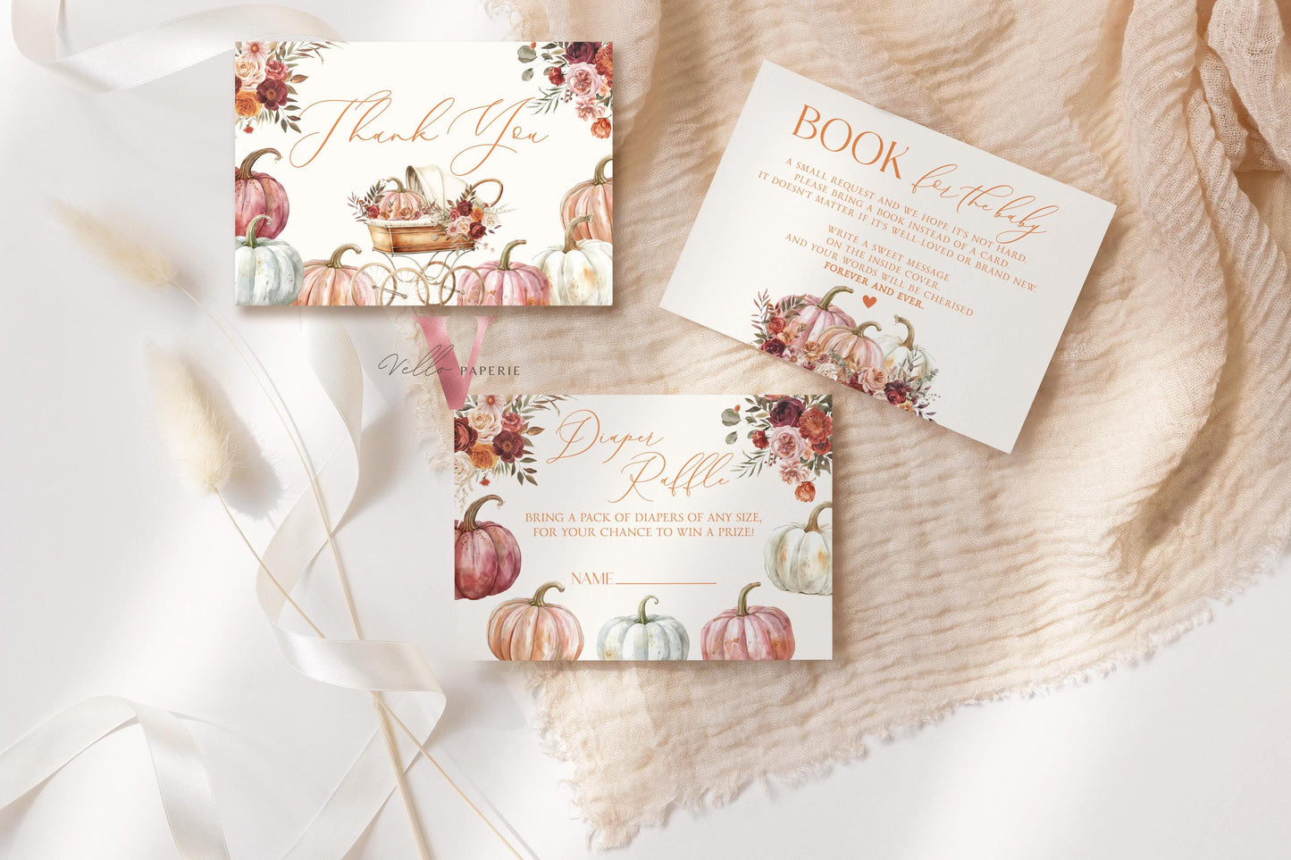 Pumpkin FALL IN LOVE Baby Shower Invitation | Autumn Floral Pumpkin Baby Shower Invite | Modern Baby Stroller Carriage Pumpkin Baby FPB02