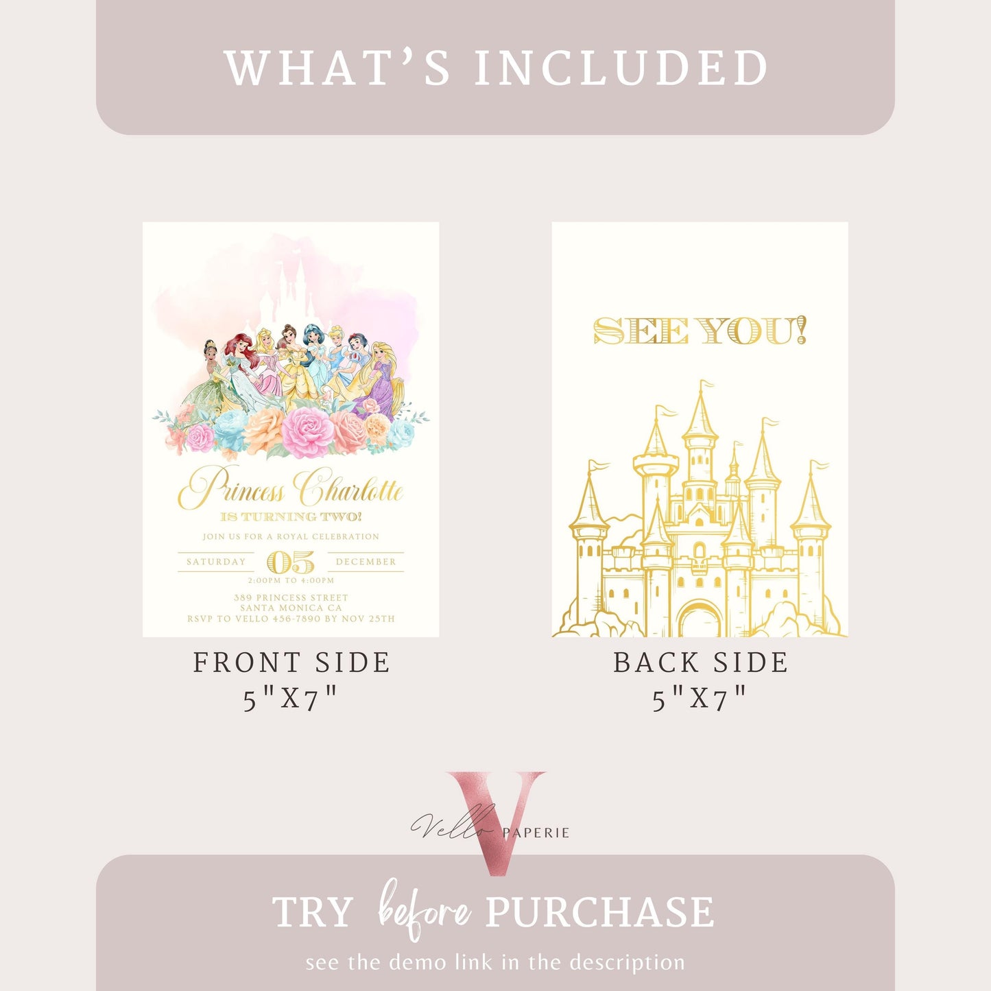 Editable Full Princess Royal Birthday Invitation | Once Upon a Time Birthday Party Girl | Beige Gold Princess Watercolor Invite PB01