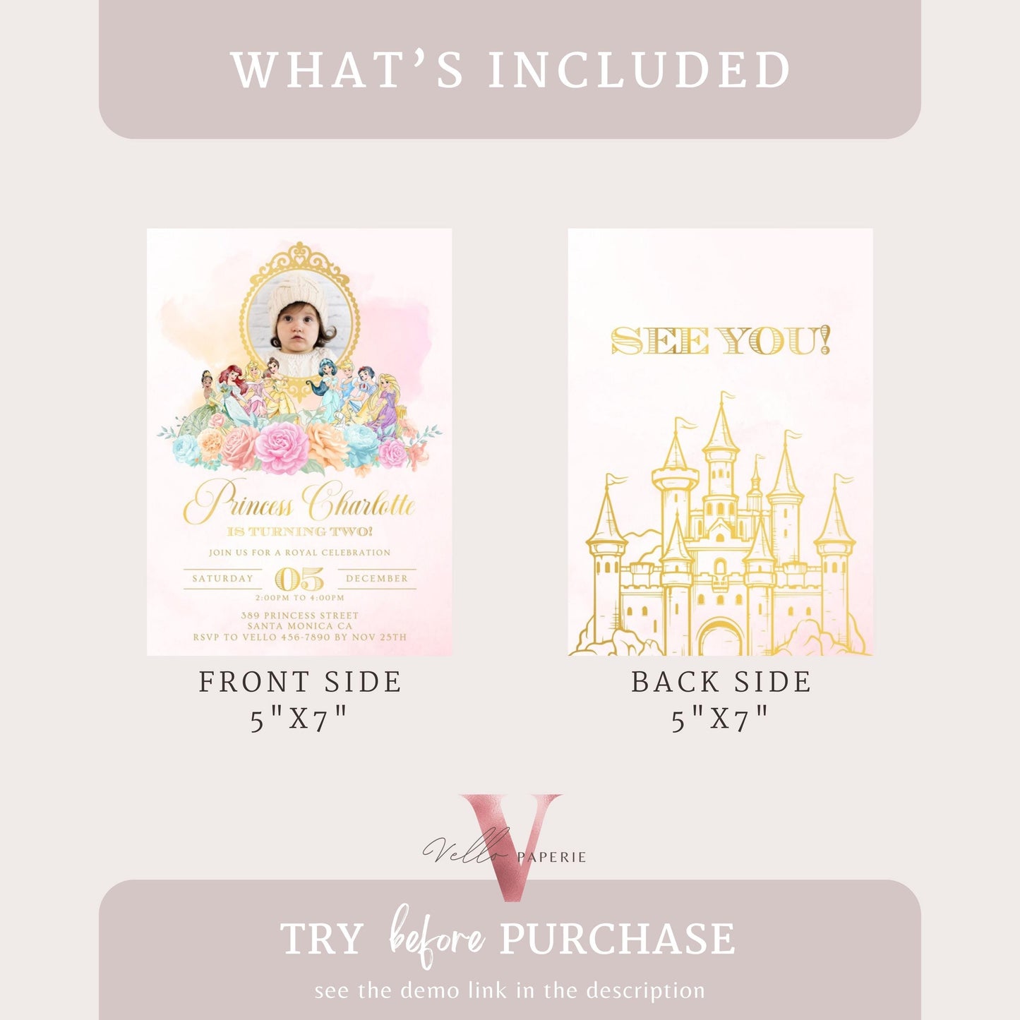 Editable Photo Princess Royal Birthday Invitation | Once Upon a Time Birthday Party Girl | Blush Pink Gold Princess Watercolor Invite PB01