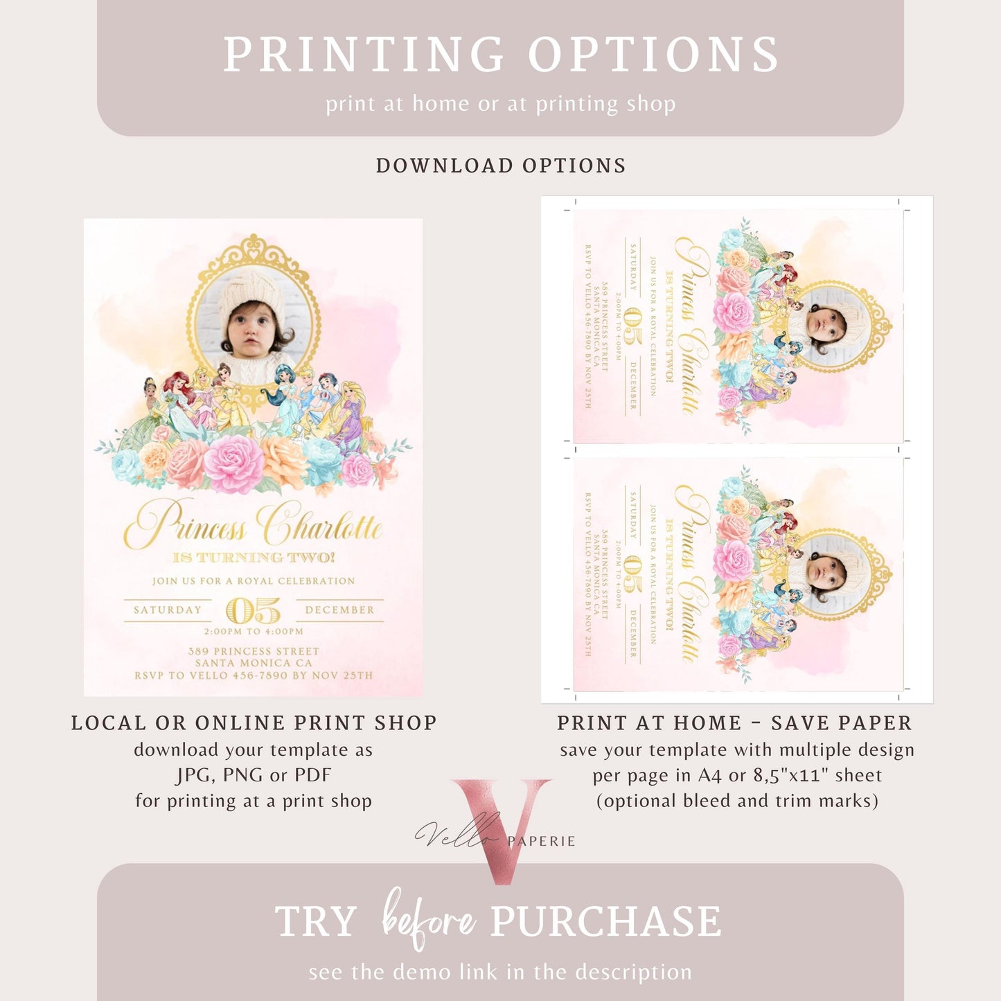Editable Photo Princess Royal Birthday Invitation | Once Upon a Time Birthday Party Girl | Blush Pink Gold Princess Watercolor Invite PB01