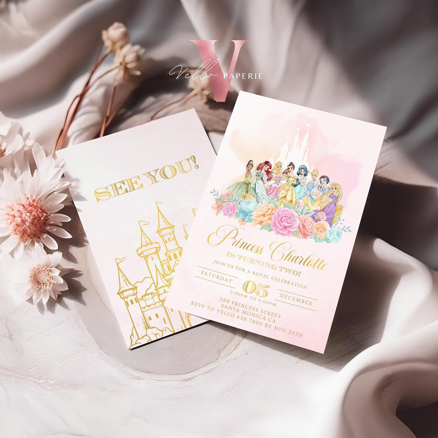 Editable Full Princess Royal Birthday Invitation | Once Upon a Time Birthday Party Girl | Blush Pink Gold Princess Watercolor Invite PB01