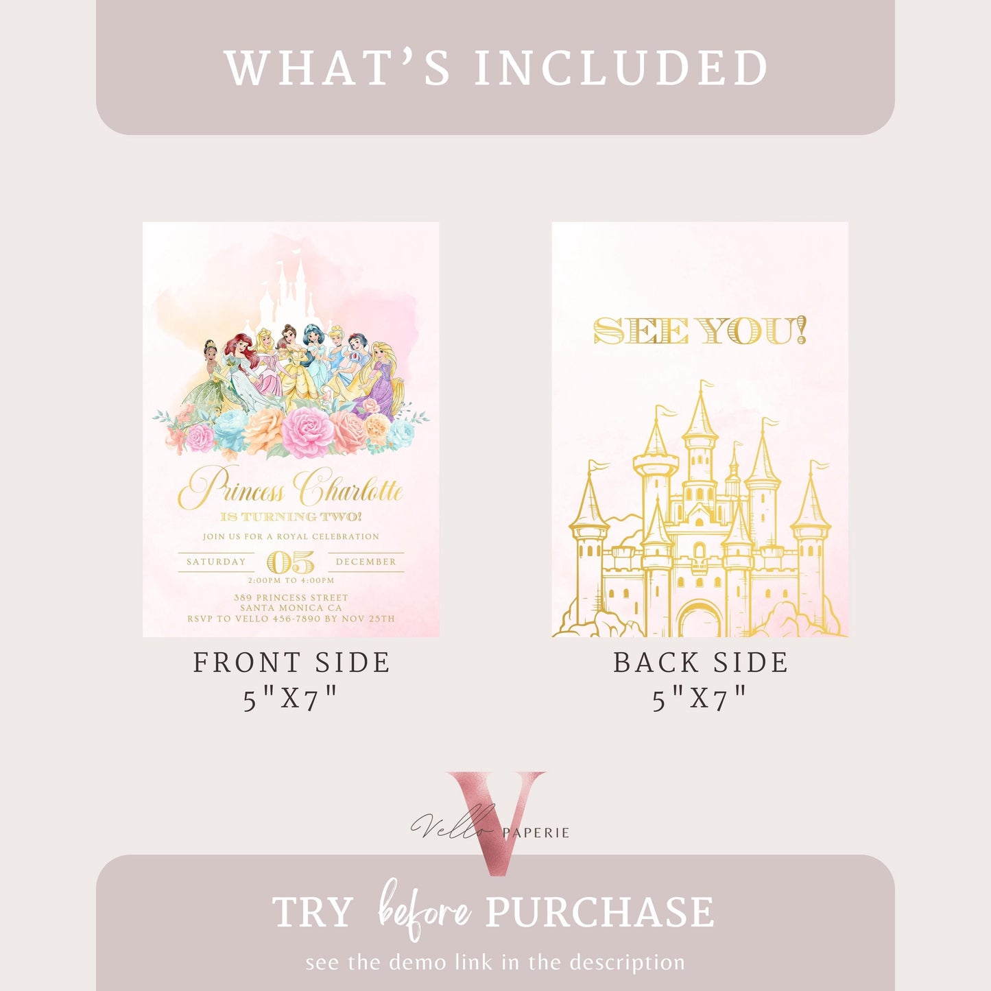 Editable Full Princess Royal Birthday Invitation | Once Upon a Time Birthday Party Girl | Blush Pink Gold Princess Watercolor Invite PB01