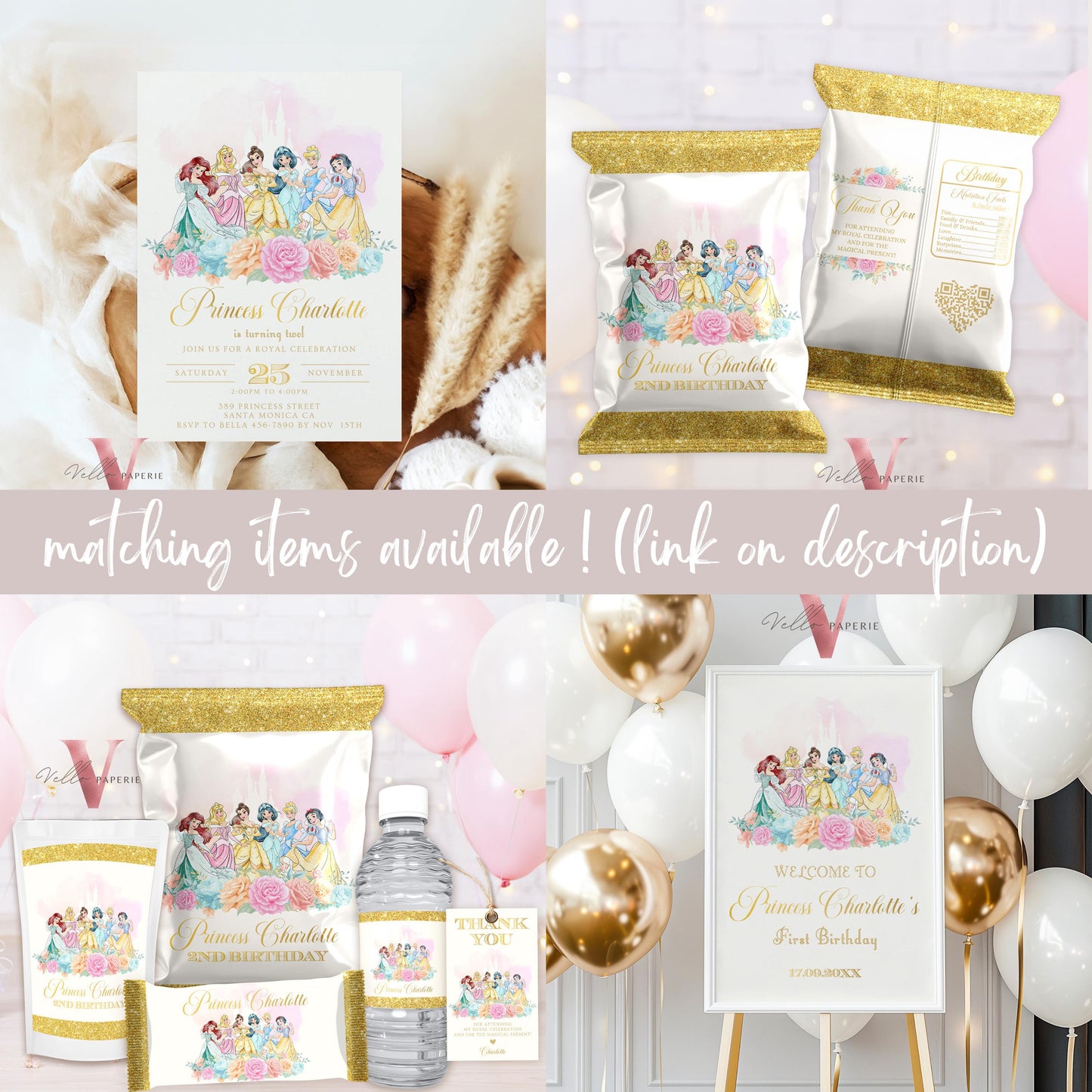 Editable Full Princess Royal Birthday Invitation | Once Upon a Time Birthday Party Girl | Blush Pink Gold Princess Watercolor Invite PB01