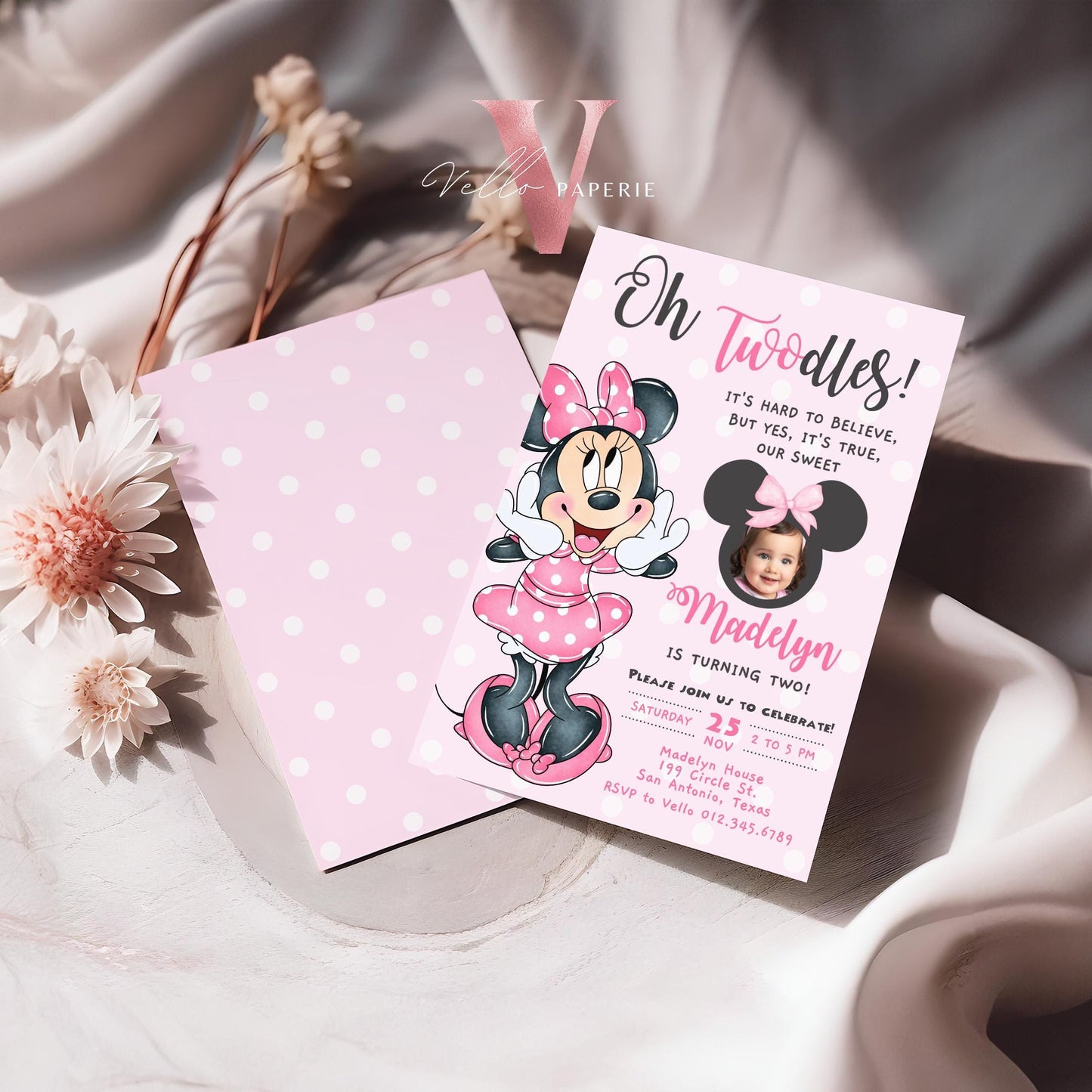 Editable Photo Oh TWOdles Minnie Mouse Birthday Invitation | Cute Light Pink Polka Dot Invite | 2 Years Old Girl 2nd Birthday Instant MMB01