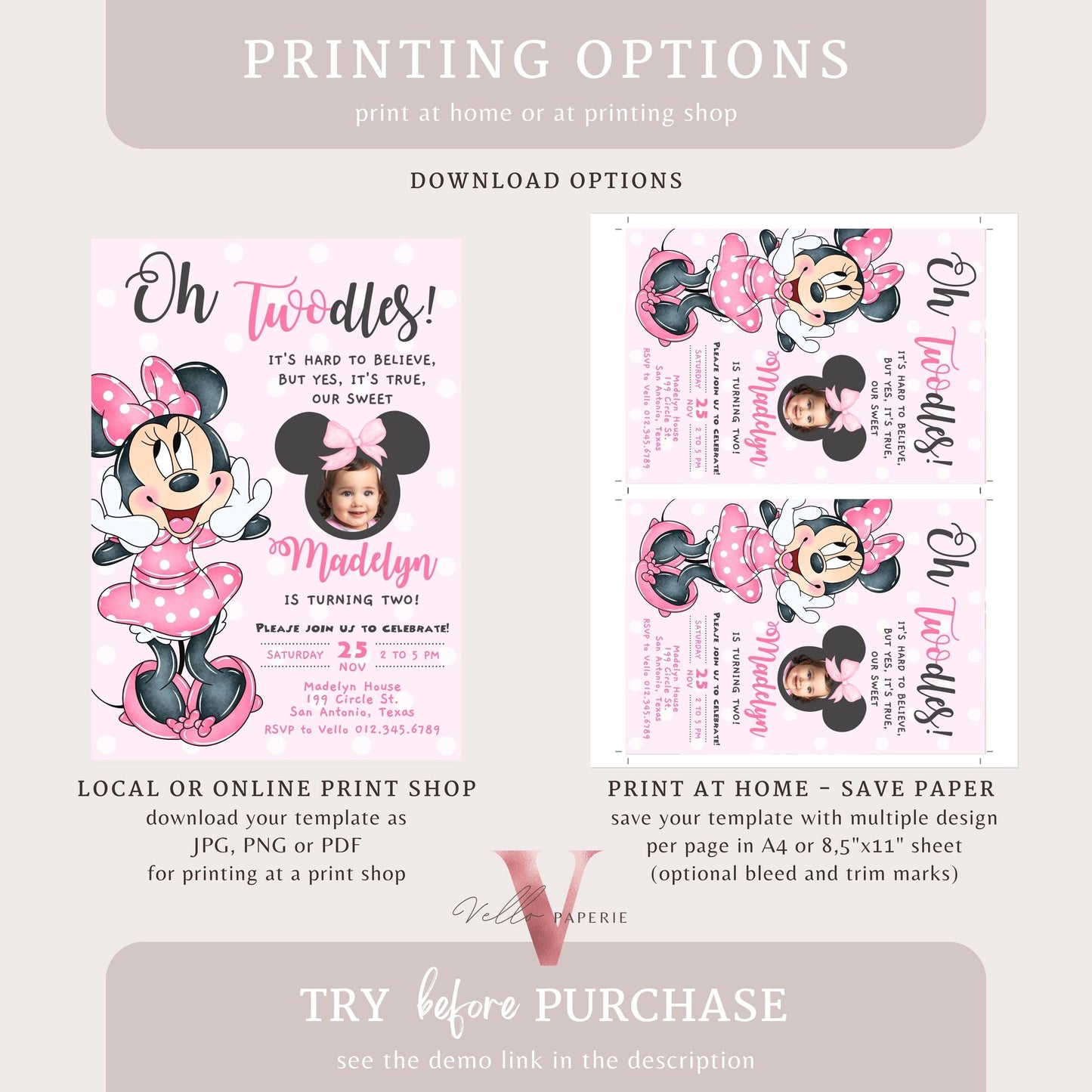 Editable Photo Oh TWOdles Minnie Mouse Birthday Invitation | Cute Light Pink Polka Dot Invite | 2 Years Old Girl 2nd Birthday Instant MMB01