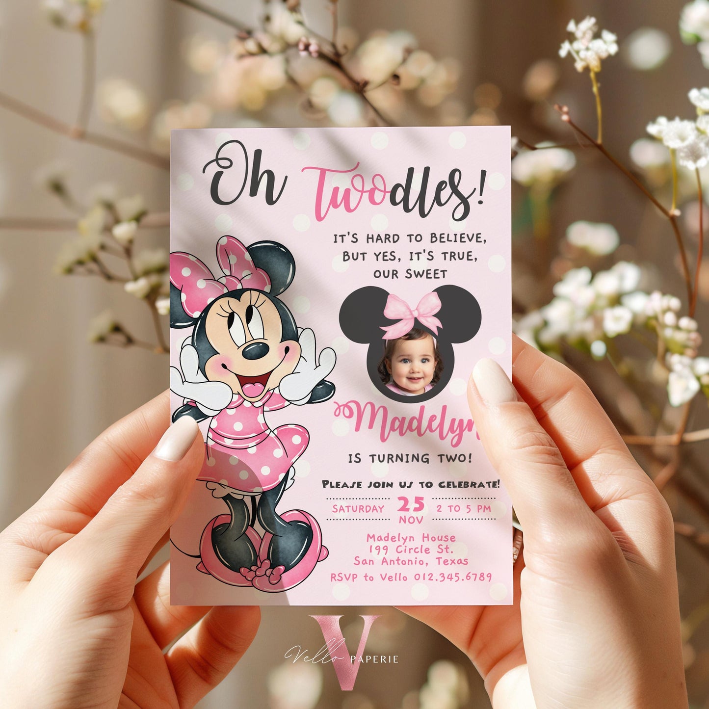 Editable Photo Oh TWOdles Minnie Mouse Birthday Invitation | Cute Light Pink Polka Dot Invite | 2 Years Old Girl 2nd Birthday Instant MMB01