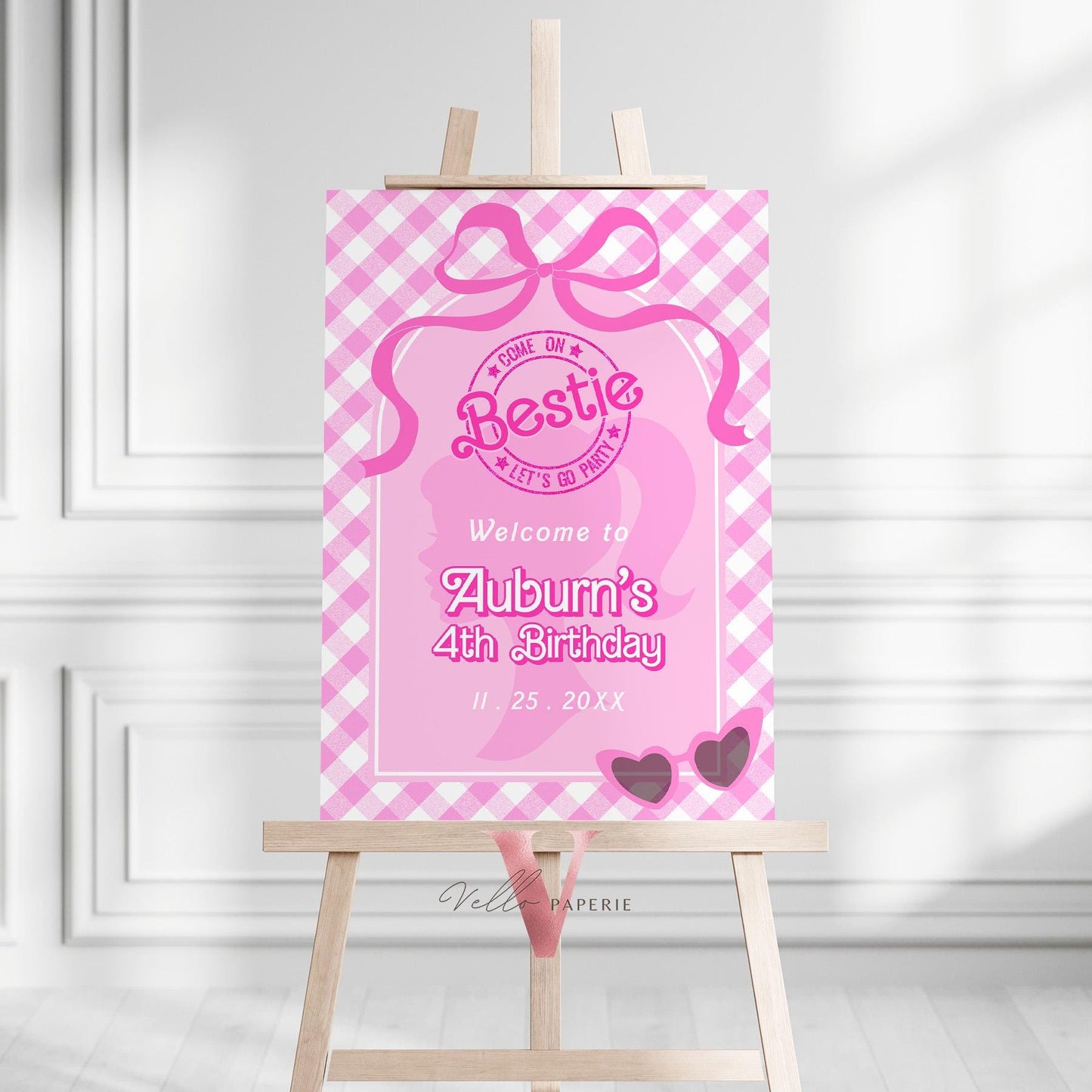 Editable "Bestie" Glam Pink Fashion Doll Birthday Invitation | Cute Pink Fashion Party | Pink Doll Gingham Come On Lets Go Party Invite PD28