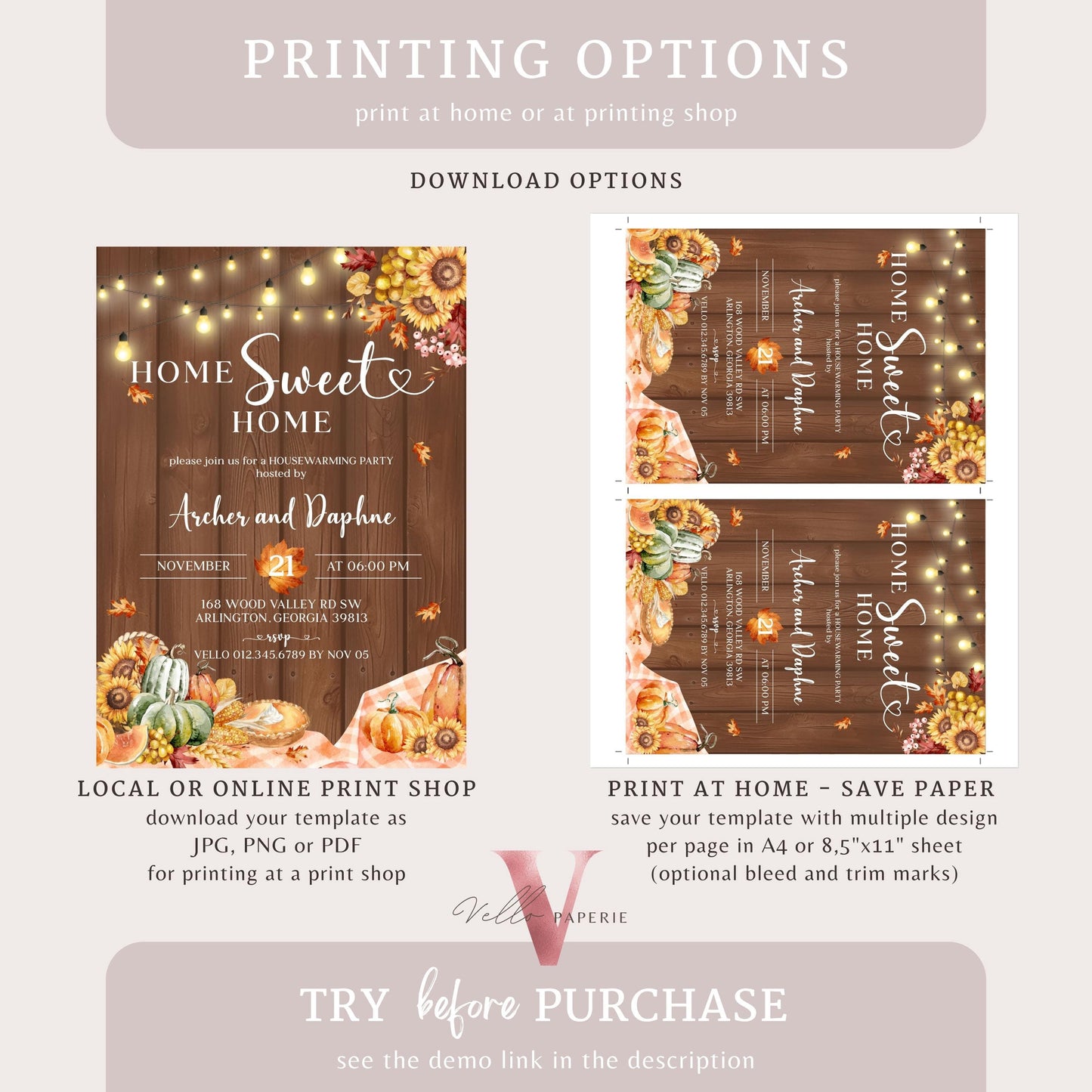 FALL Pumpkin Home Sweet Home Party Invite | Autumn Floral House Warming Invitation | Modern Wooden Rustic New House Thanksgiving Celebration