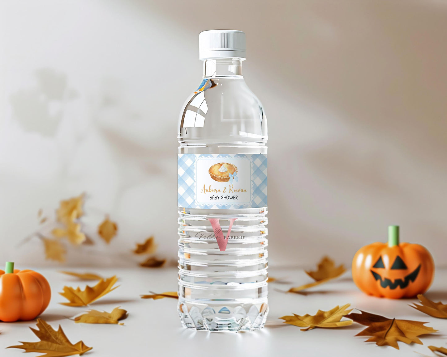 Sweet Cutie Pie Birthday Baby Bridal Shower Water Bottle Label | FALL Autumn Cutie Pie Party Favors | Blue Gingham Pie Party Decor CPB02