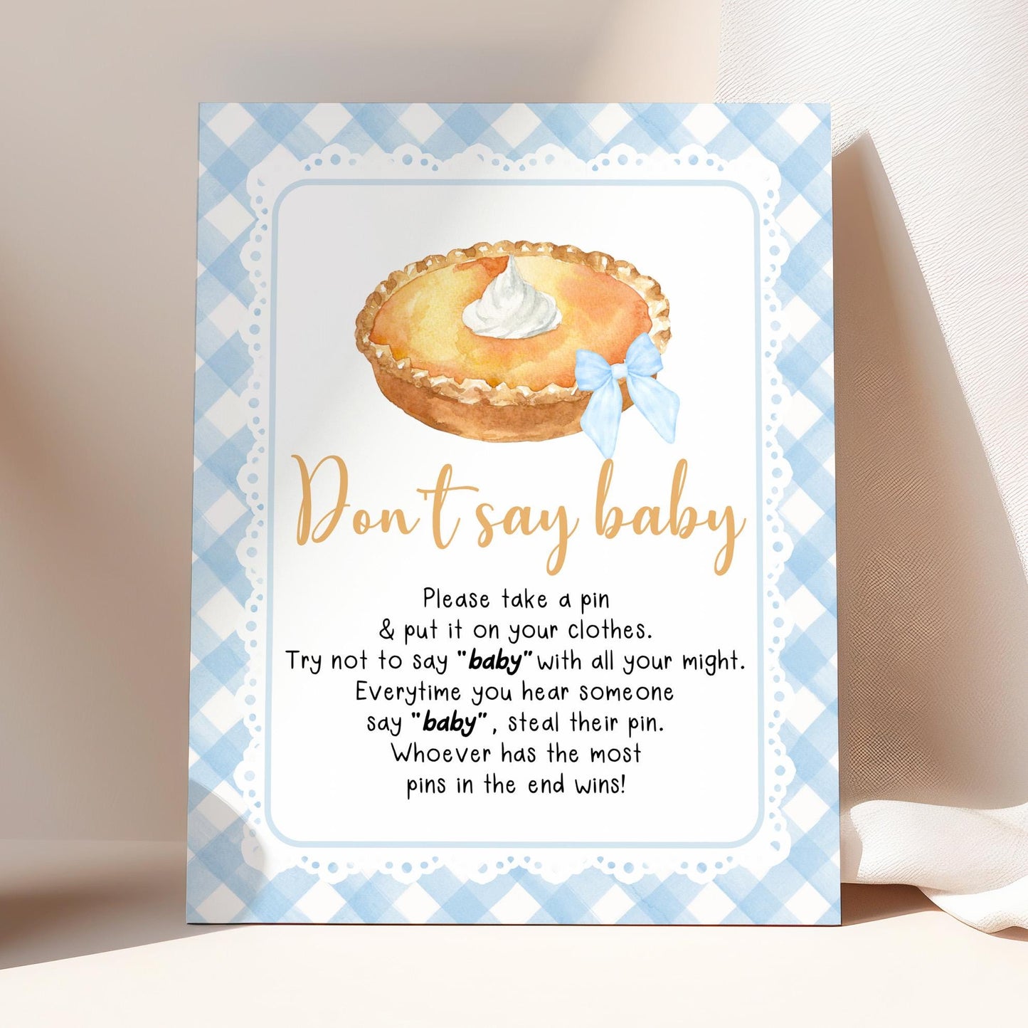 Editable Cutie Pie Baby Shower Premade Sign | FALL Autumn Cutie Pie Baby Shower Decor Sign | Blue Gingham Neutral Pie Party Table Sign CPB02