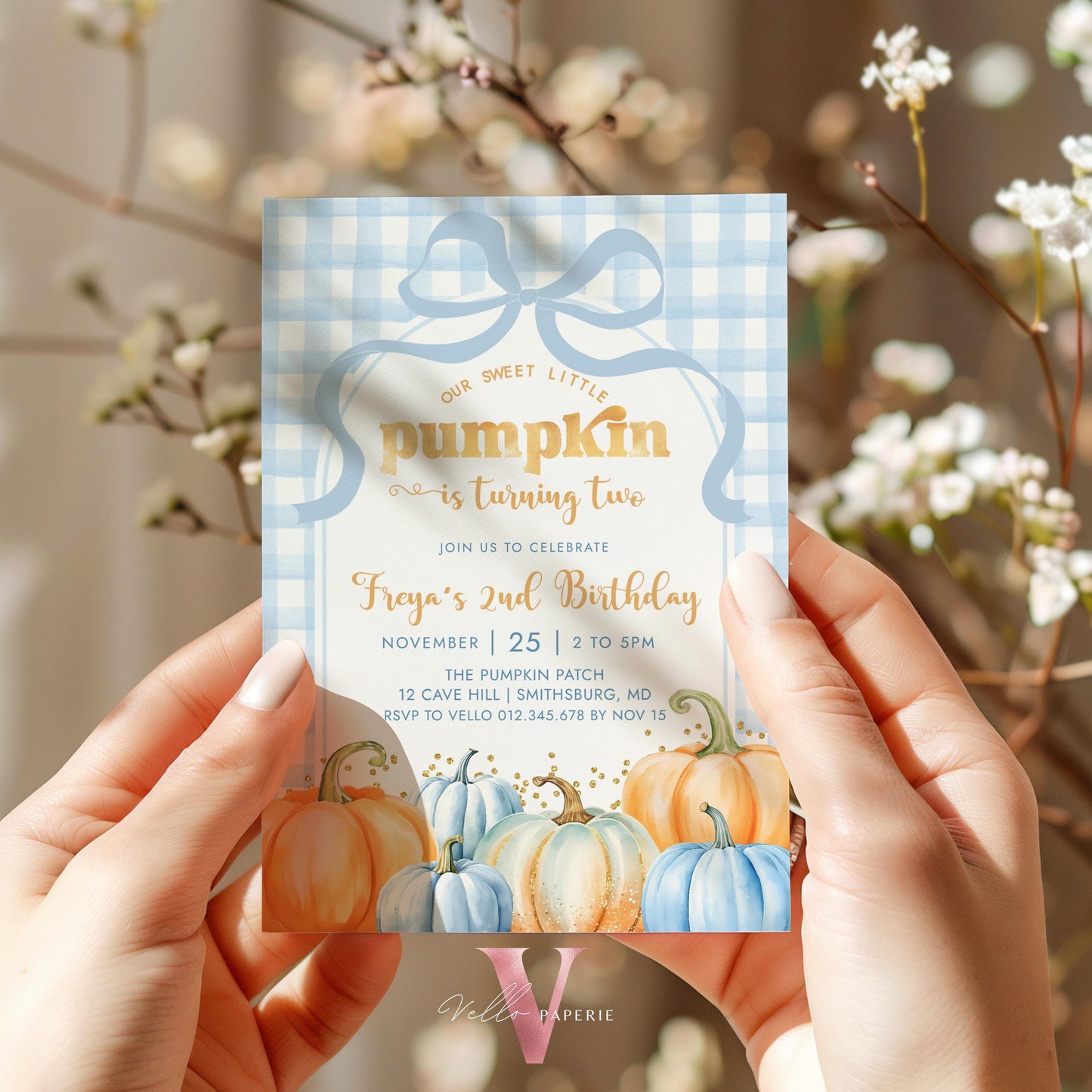 Little Pumpkin ANY AGE Fall Birthday Party Invitation | Autumn Pumpkin Patch Birthday Invite |Modern Blue Orange Gold Little Pumpkin Gingham