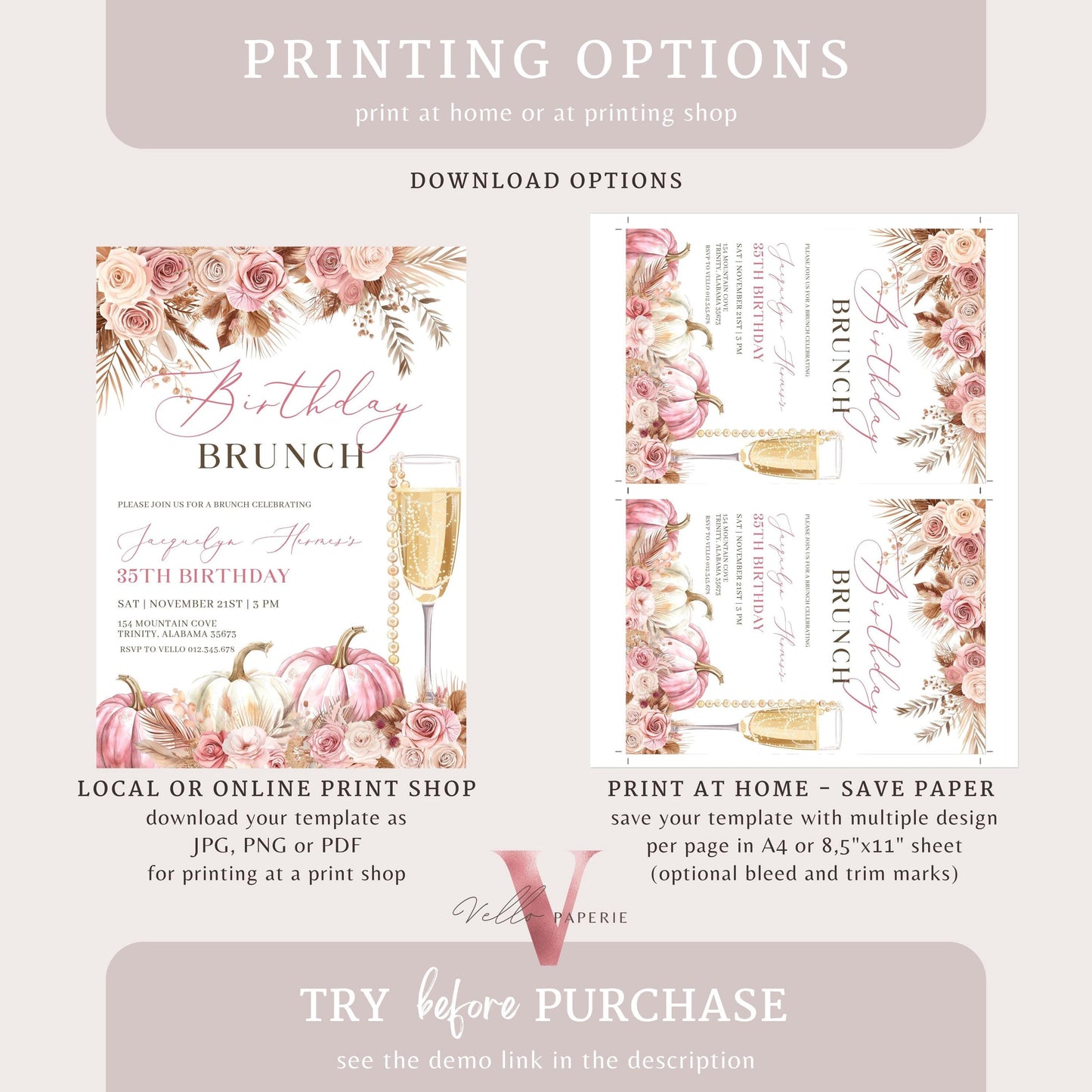 BOHO Pink FALL Pumpkin Birthday Brunch Dinner Invitation | Autumn Pumpkin Prosesco Floral Party Invite | Blush Pink Terracota Flower Autumn