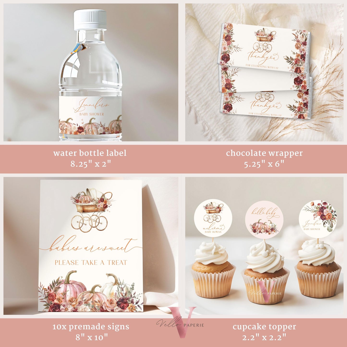 Pumpkin FALL in Love Baby Shower Complete BUNDLE | FullEditable Autumn Floral Pumpkin Set | Baby Shower Invitation Party Decor Favor, FPB02