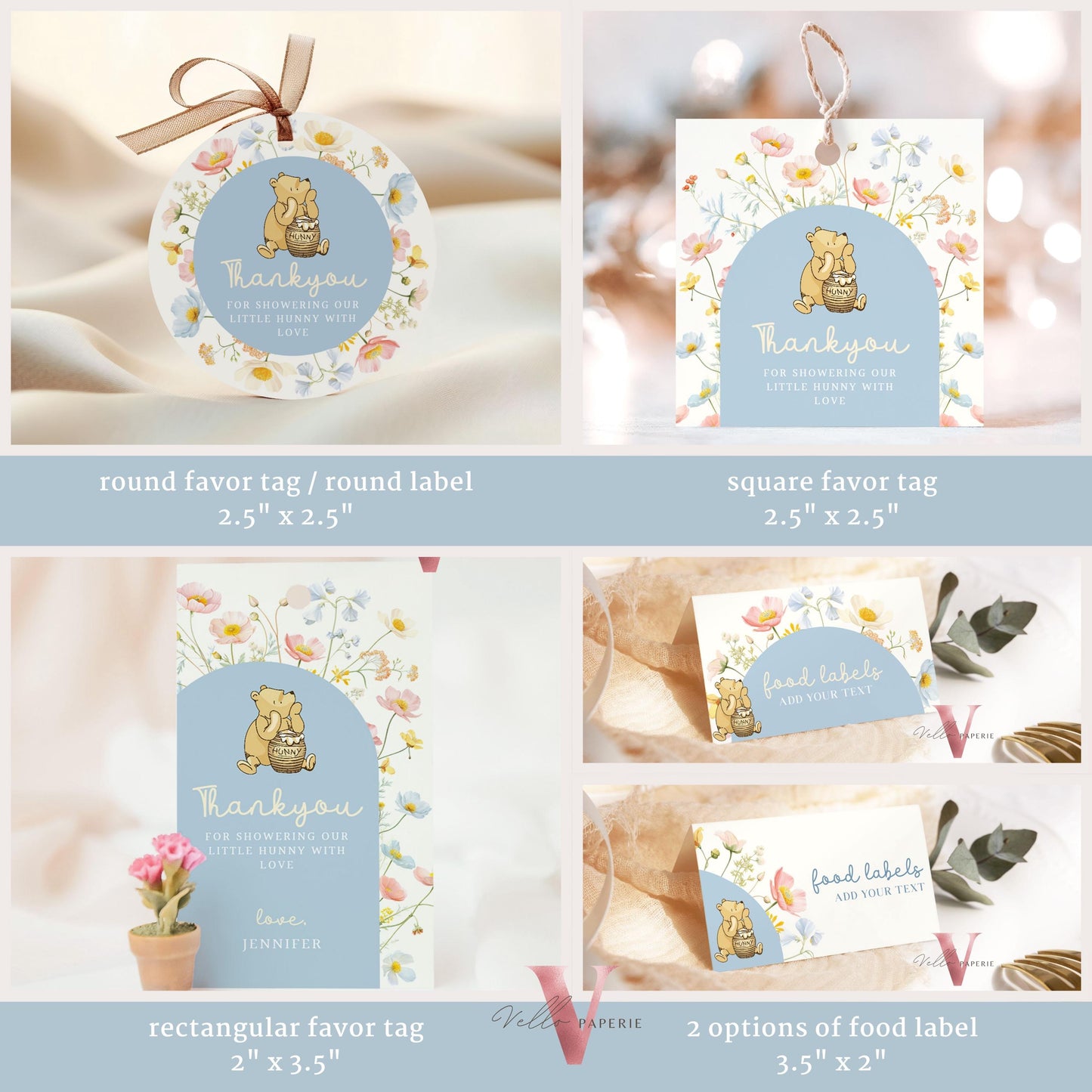 Blue Winnie the Pooh Baby Shower BUNDLE | Full Editable Beige Blue Wildflower, Little Hunny Pooh Baby Shower Party SET, Favors Decor WTP02