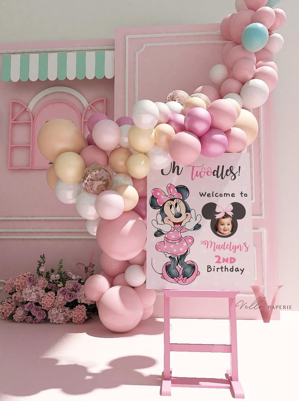Editable Photo Minnie Mouse Oh TWOdles Welcome Sign | Light Pink Polkadot Minnie Party Decor Sign | 2nd Minnie Pink Birthday Sign MMB01