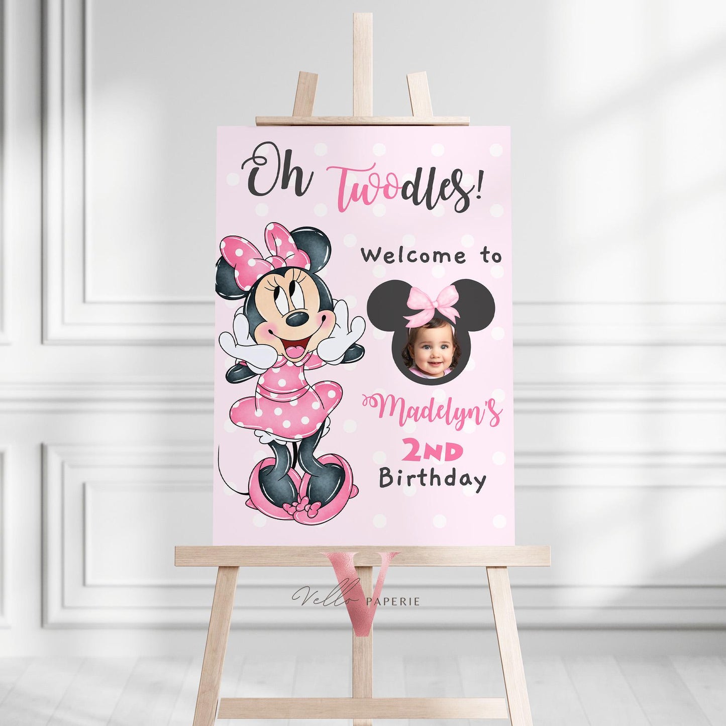Editable Photo Minnie Mouse Oh TWOdles Welcome Sign | Light Pink Polkadot Minnie Party Decor Sign | 2nd Minnie Pink Birthday Sign MMB01