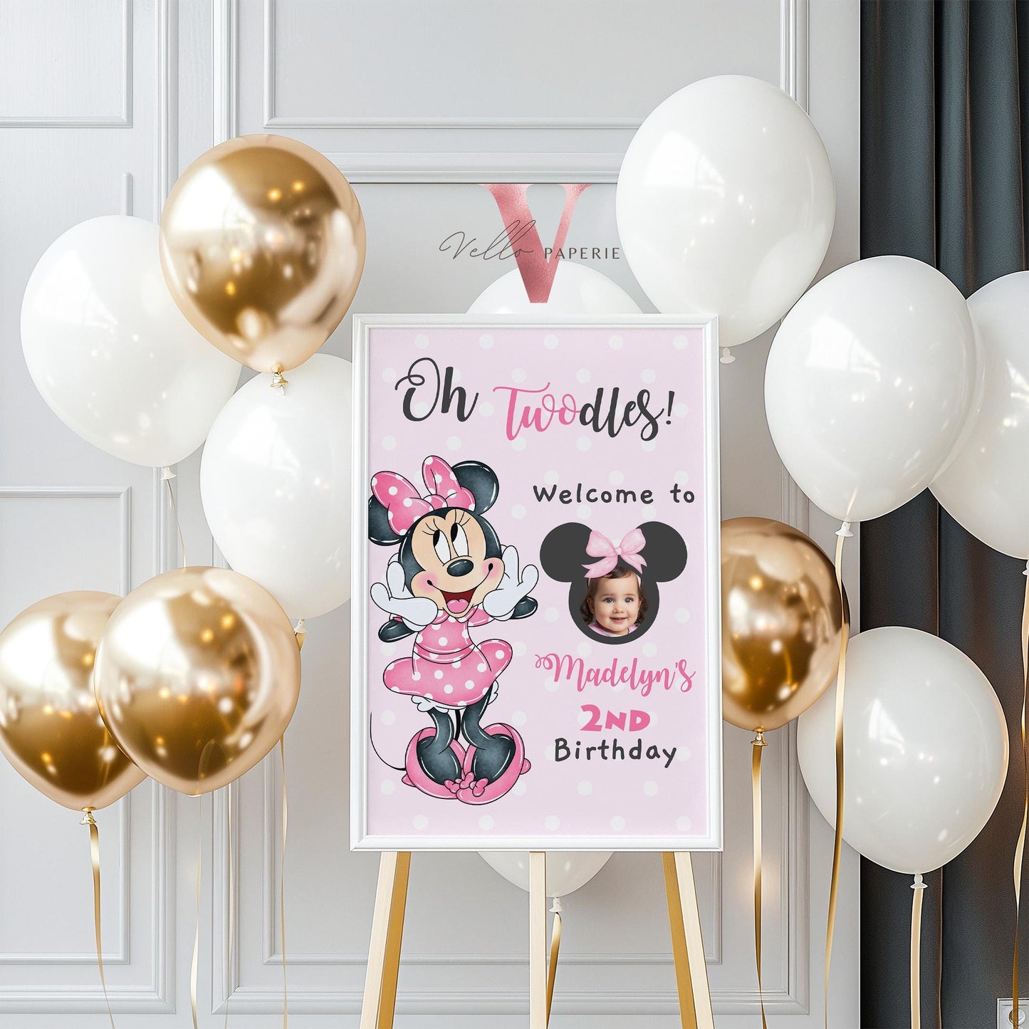 Editable Photo Minnie Mouse Oh TWOdles Welcome Sign | Light Pink Polkadot Minnie Party Decor Sign | 2nd Minnie Pink Birthday Sign MMB01